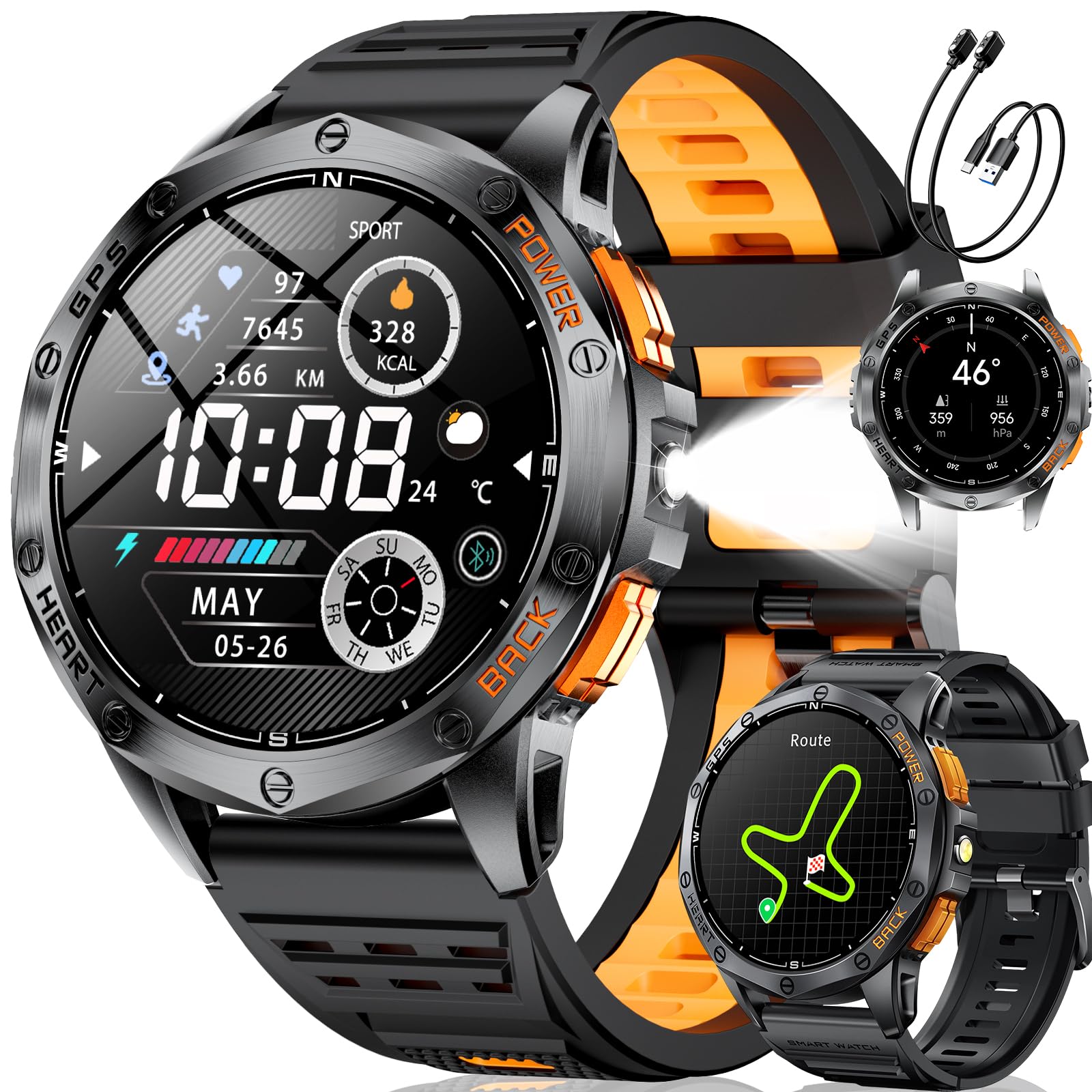 LIGE Montre Connectée Homme GPS avec Boussole/Baromètre, Lampe Torche, Écran AMOLED 1,43", Batterie 600mAh, 5ATM, Appels Bluetooth, Suivi Santé pour Android et iOS, DM1-H