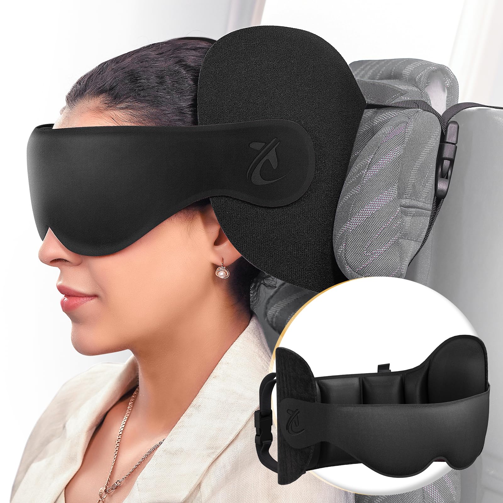 Bonairest Oreiller de Voyage, Oreiller Cervical pour Avion et Longs Vols | Sangle de Tête avec Masque de Sommeil 3D, Appui-Tête à Support 360°, Accessoire de Voyage pour Hommes et Femmes, Noir