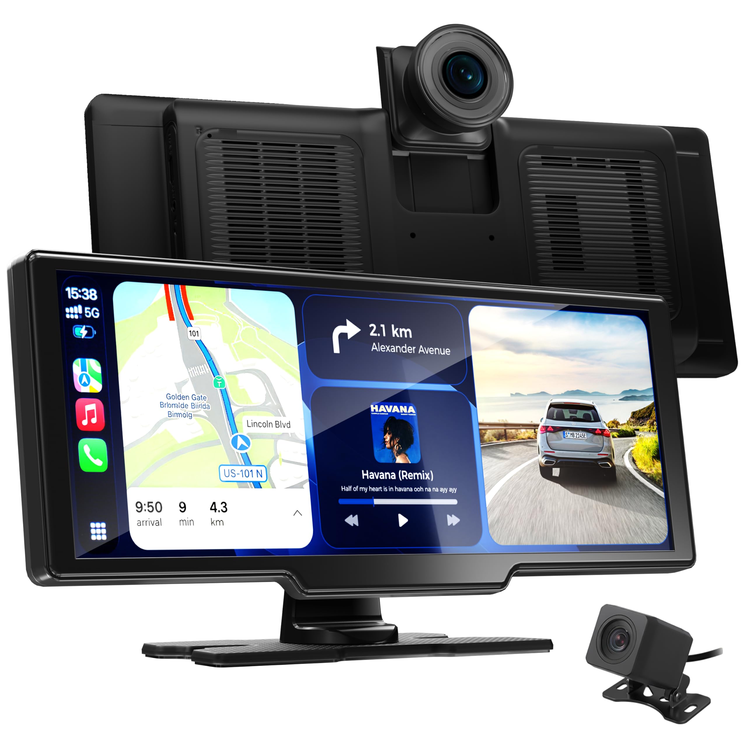Écran Portable 10,26″ CarPlay Voiture pour Apple CarPlay & Android Auto | 4K Avant+HD Arrière,Affichage Split‑Screen,Mise à Jour OTA,Bluetooth 5.0,GPS,Commande Vocale,FM/AUX,Super Link