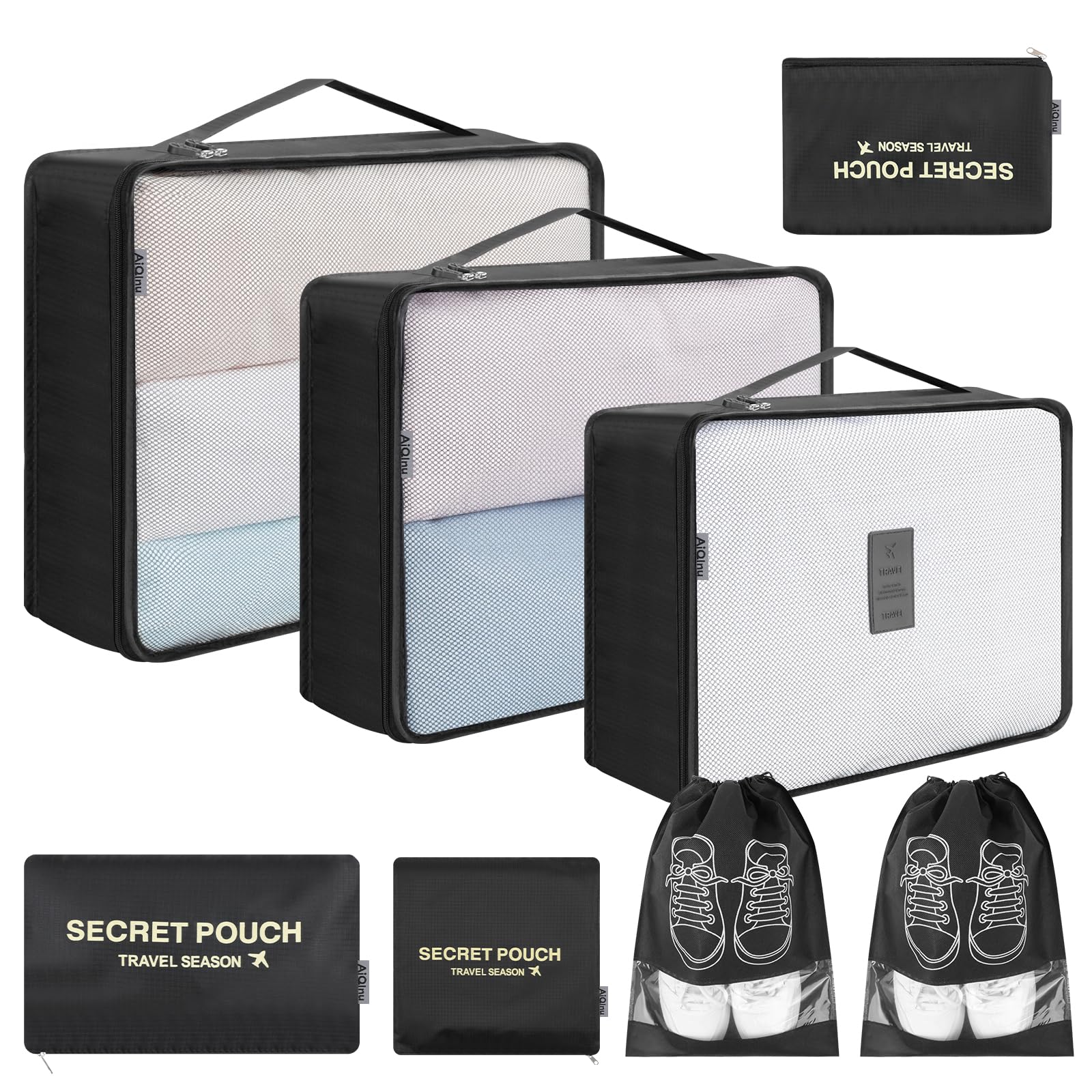 AiQInu Rangement Valise Lot de 8 Imperméable Organisateur de Voyage Packing Cubes Organiseur, sac à chaussures,Bagage Sacs
