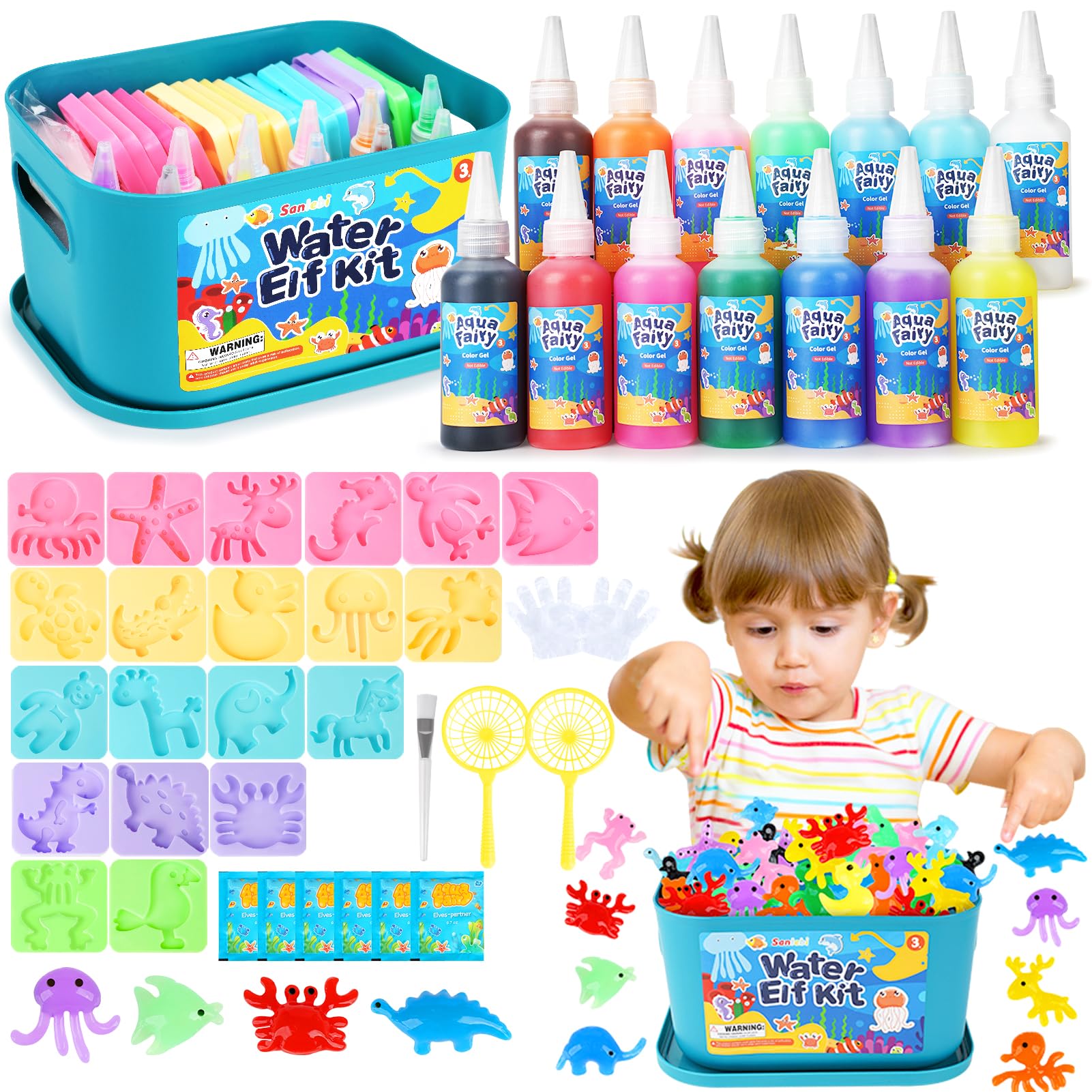 Sanlebi aqua gelz set, 46 PCS aquagel Kit, 14 Bouteilles de Gel Coloré, 20 Formes, Gels Magiques 3D CréAtifs pour Enfants Garçons et Filles Cadeau