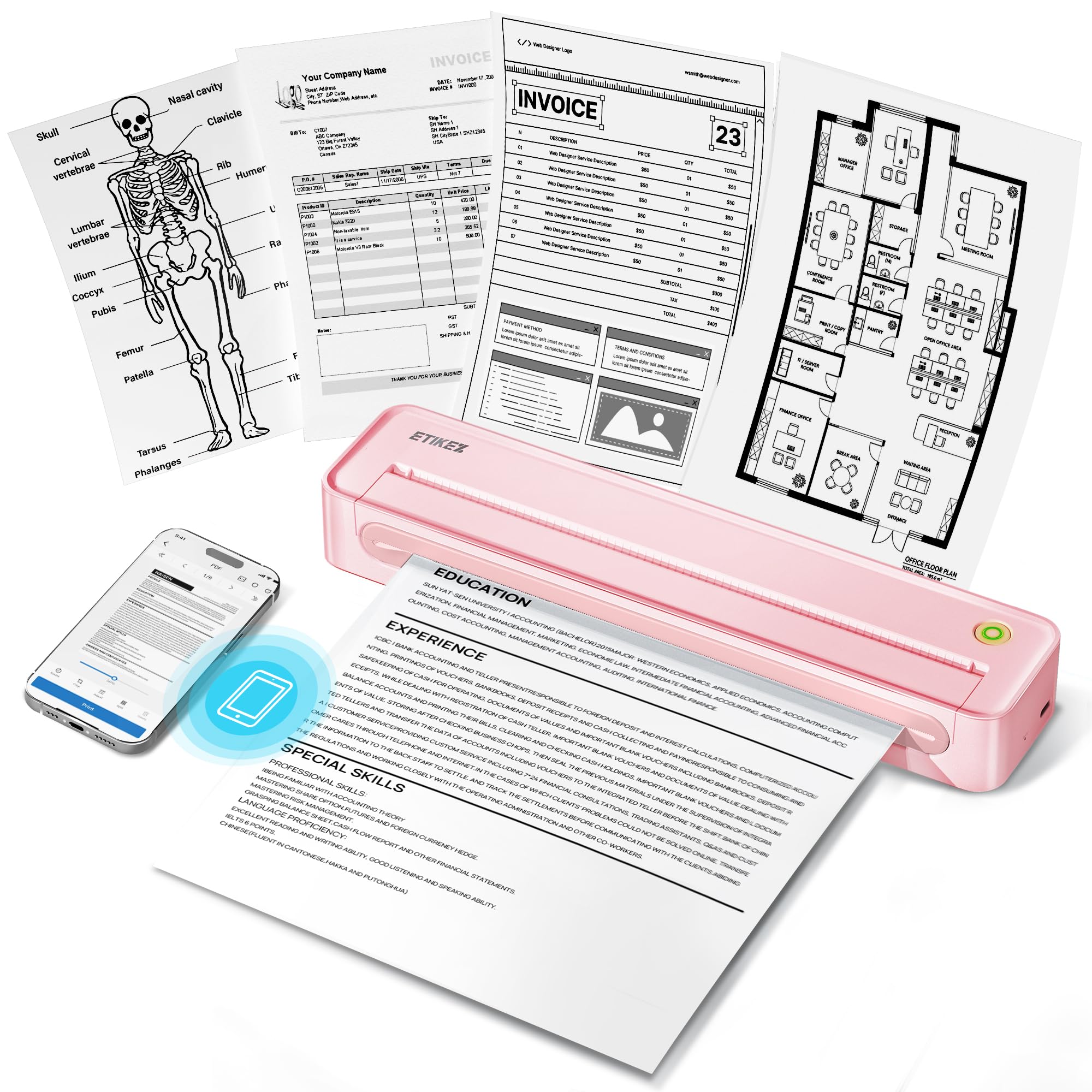 ETIKEZ D90E Imprimante Thermique A4 Portable sans Étui, Rose | Imprimante thermique A4 portable, 203 DPI, Compatible iOS/Android/Windows/Mac, Idéale étiquettes, bureau, 10 Papier inclus