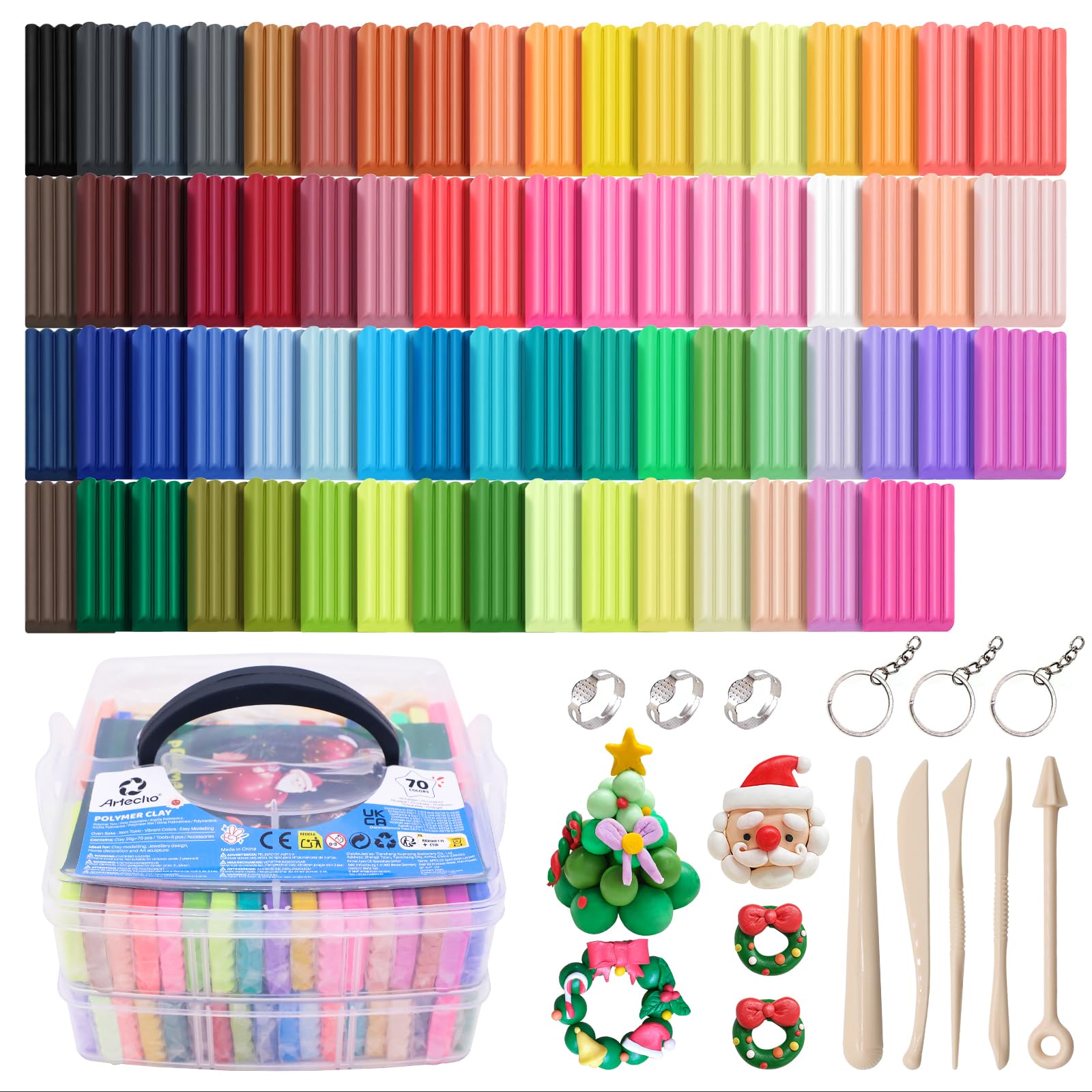 Artecho Kit de pâte polymère, 70 couleurs avec 5 outils de modelage