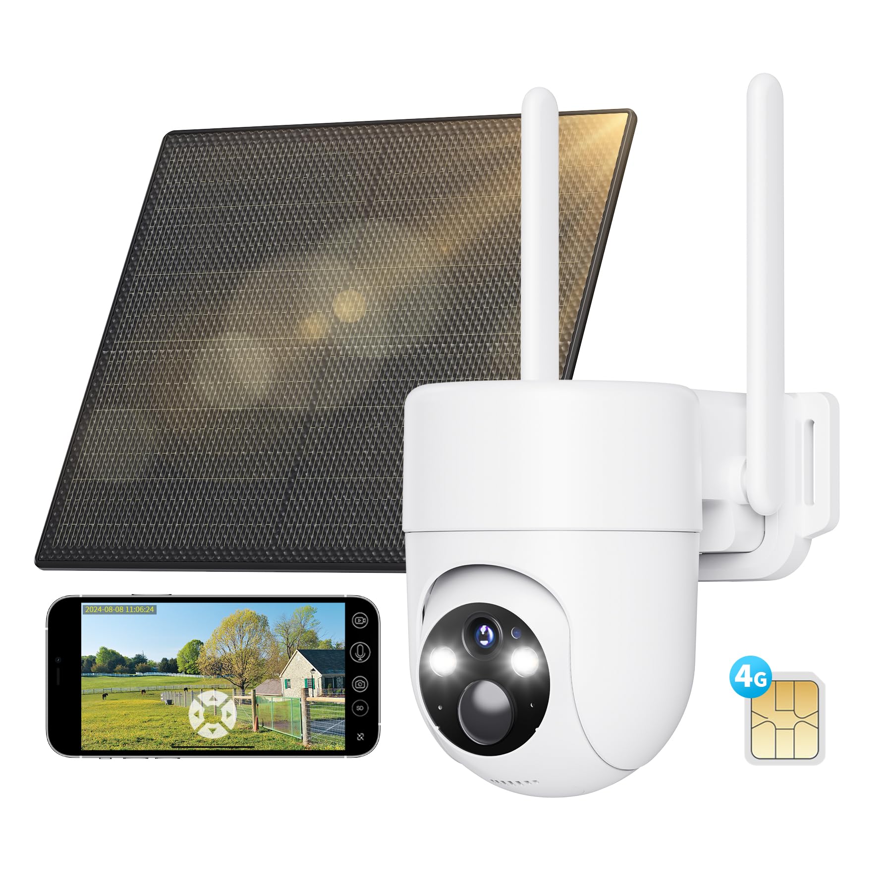 SEHMUA 3G/4G LTE Camera Surveillance Exterieure sans Fil avec Carte Sim | Camera Solaire 4G, Détection Humaine PIR et Alarmes de Zones Personnalisées, Étanchéité IP66, sans Fil inclinable à 355°/90°