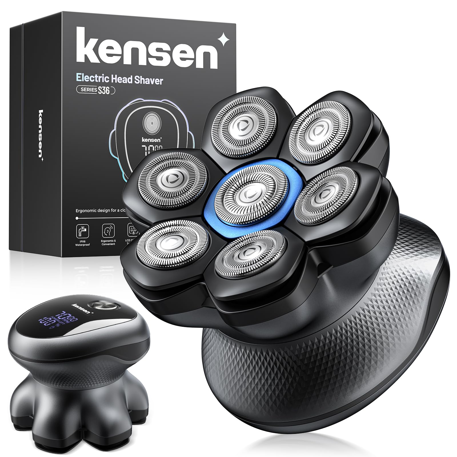 kensen Rasoir Tete Chauve Homme 7D Tondeuse Crane Chauve 90 Min d'Autonomie | 2 Vitesses Rasoir Crane Homme Chauve IPX6 Étanche Wet & Dry,USB-C,sans Fil,avec Écran LED Noir