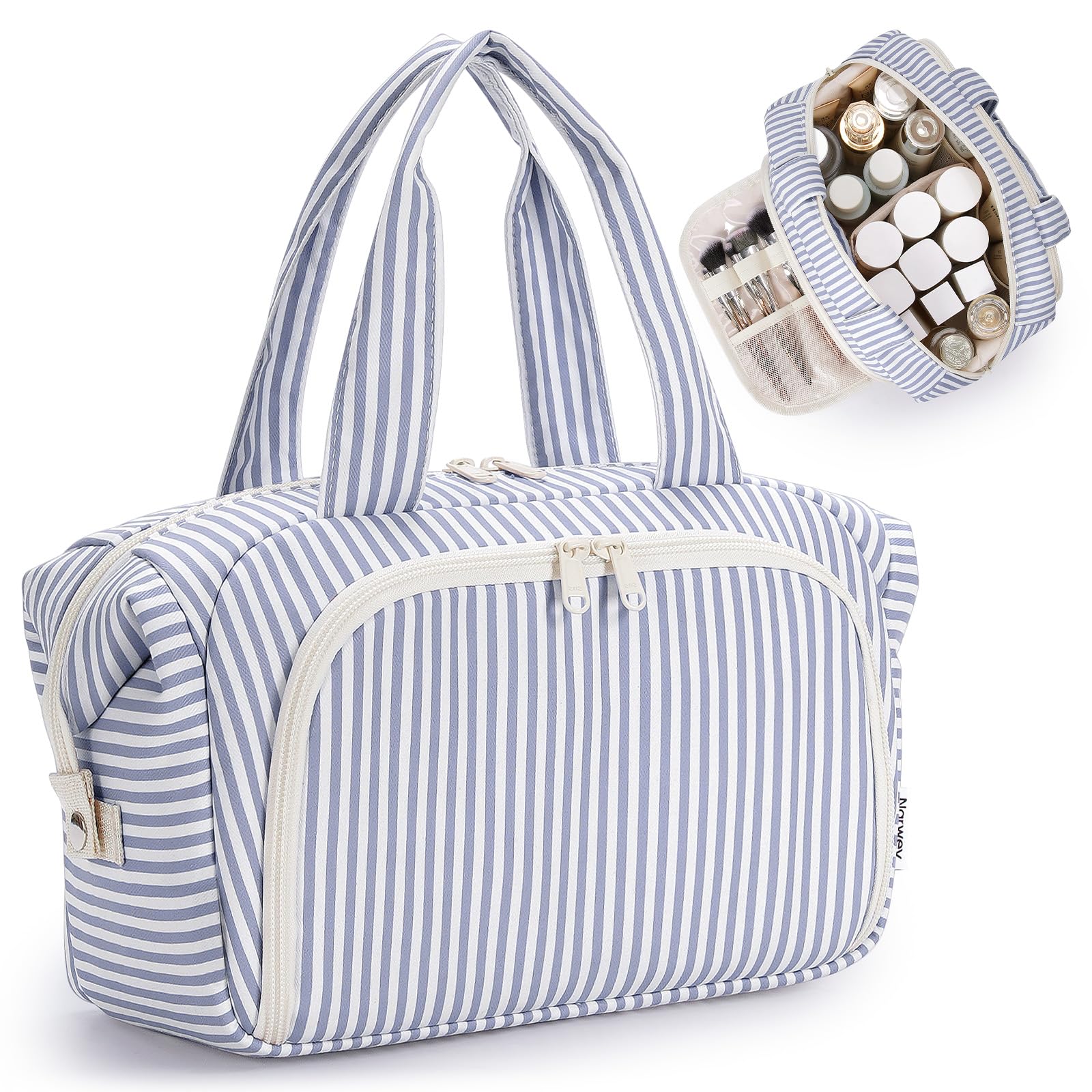 Narwey Trousse de Toilette Grande Femme Sac de Toilette Accessoires de Voyage Trousse Maquillage Femme Organisateurs de Toilettes (Rayures Bleu)