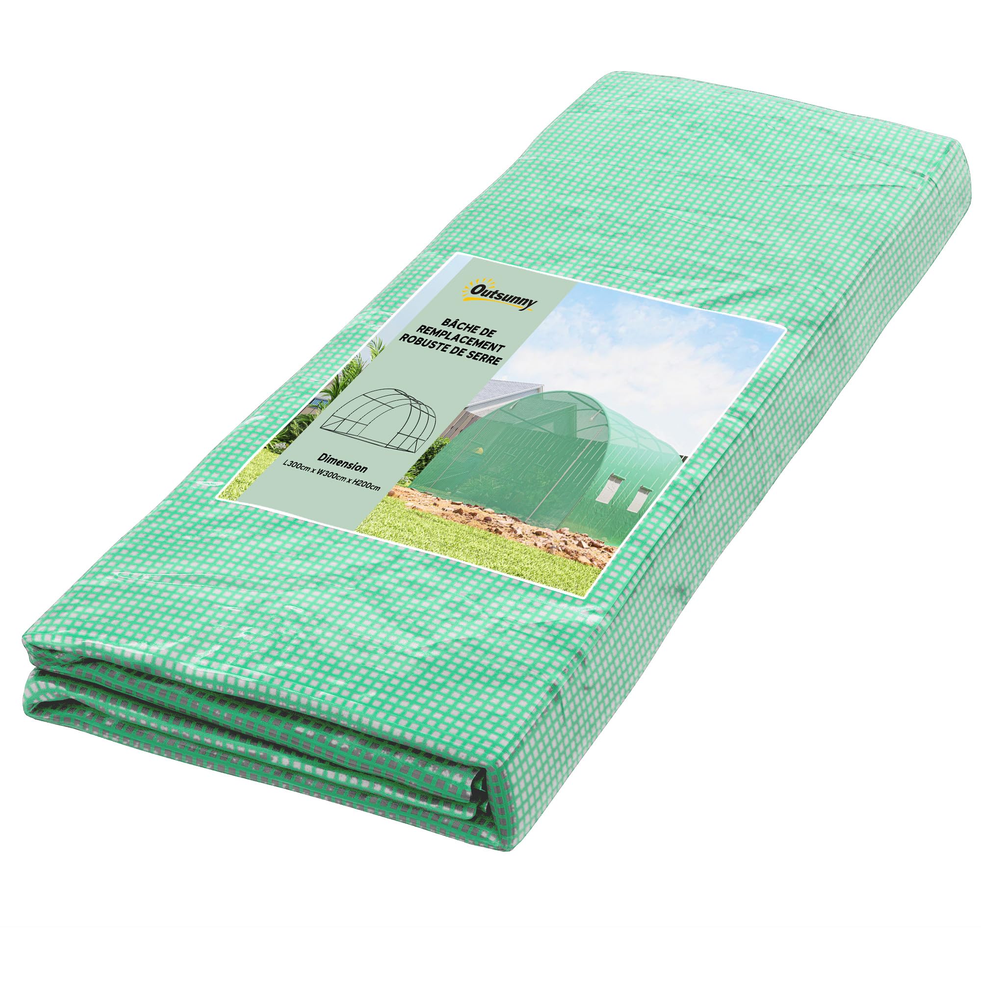 Outsunny Bâche de Rechange Serre Tunnel 9 m² PE Anti-UV 3x3x2m Vert Foncé | Anti-UV, Imperméable, 8 Fenêtres, Porte Enroulable Zippée