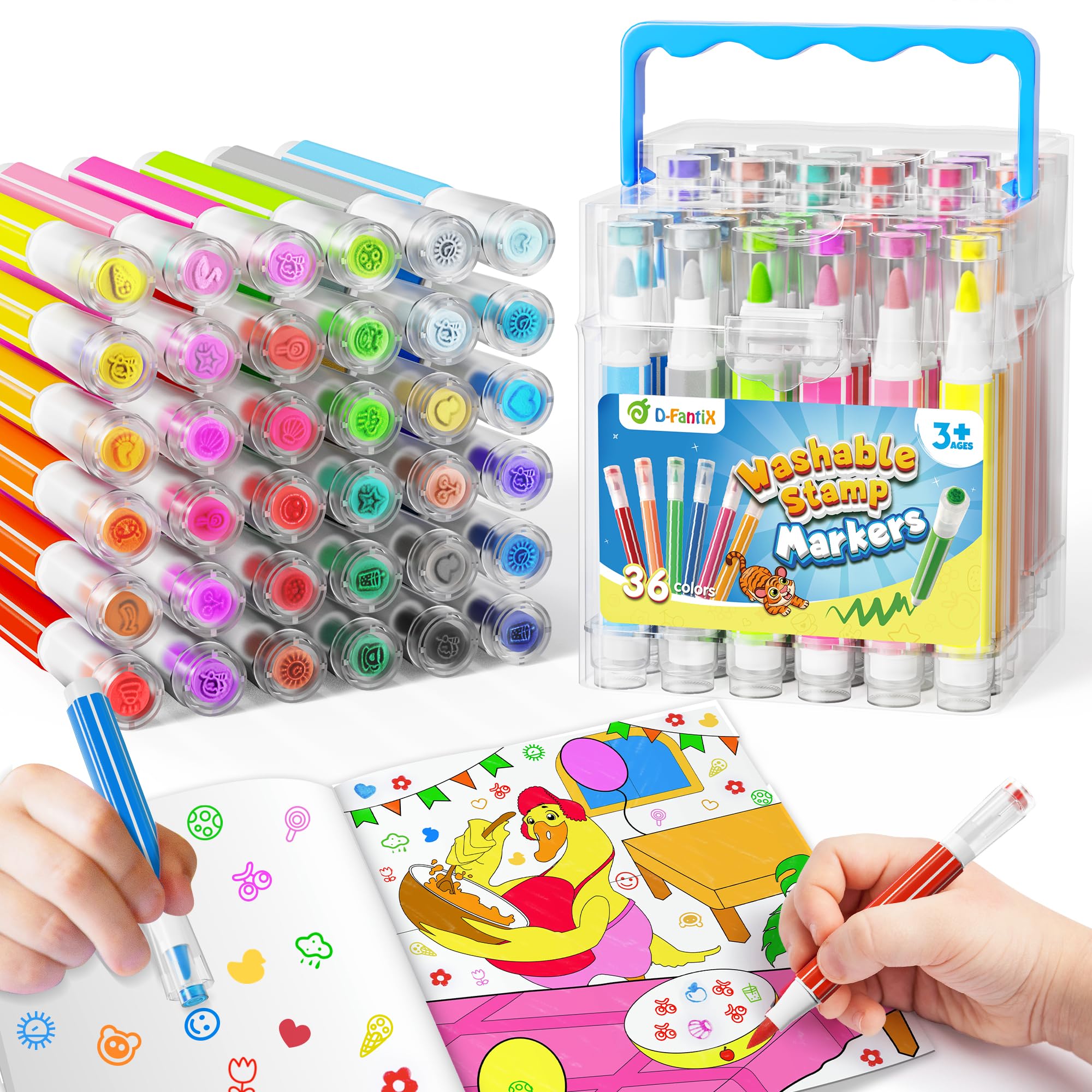 D-FantiX 36 couleurs de marqueurs lavables pour enfants, set de marqueurs de coloriage avec livres de coloriage et support, boîte portable, fournitures de rentrée scolaire pour filles et garçons