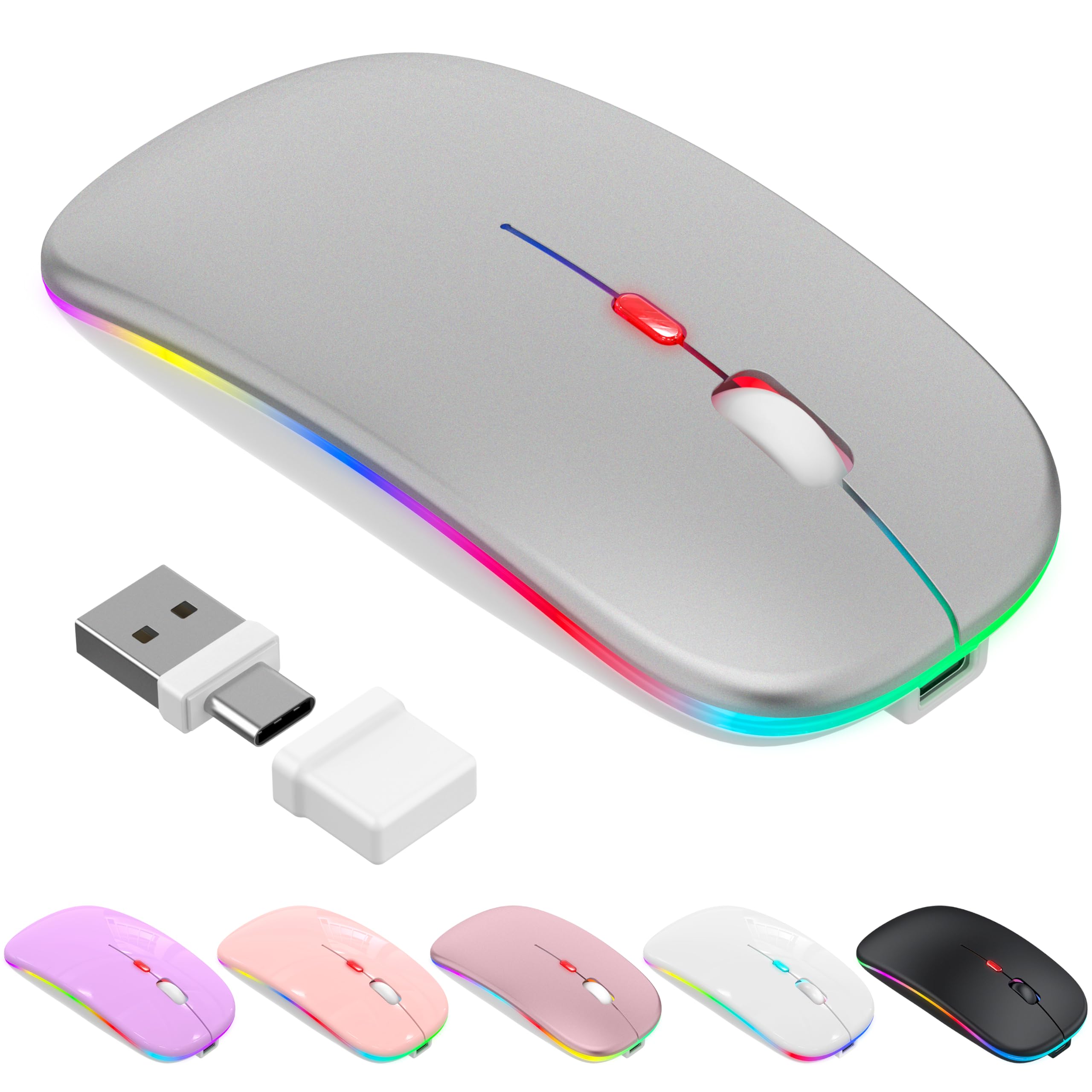 Azmall Souris MacBook Air, Souris sans Fil Mac pour iPad, 4 Modes : Bluetooth 5.2/3.0 et 2,4 GHz USB-C/USB-A, Rechargeable et silencieuse avec Jiggler, 2 appareils, LED 7 Couleurs, 1600 DPI, Argenté