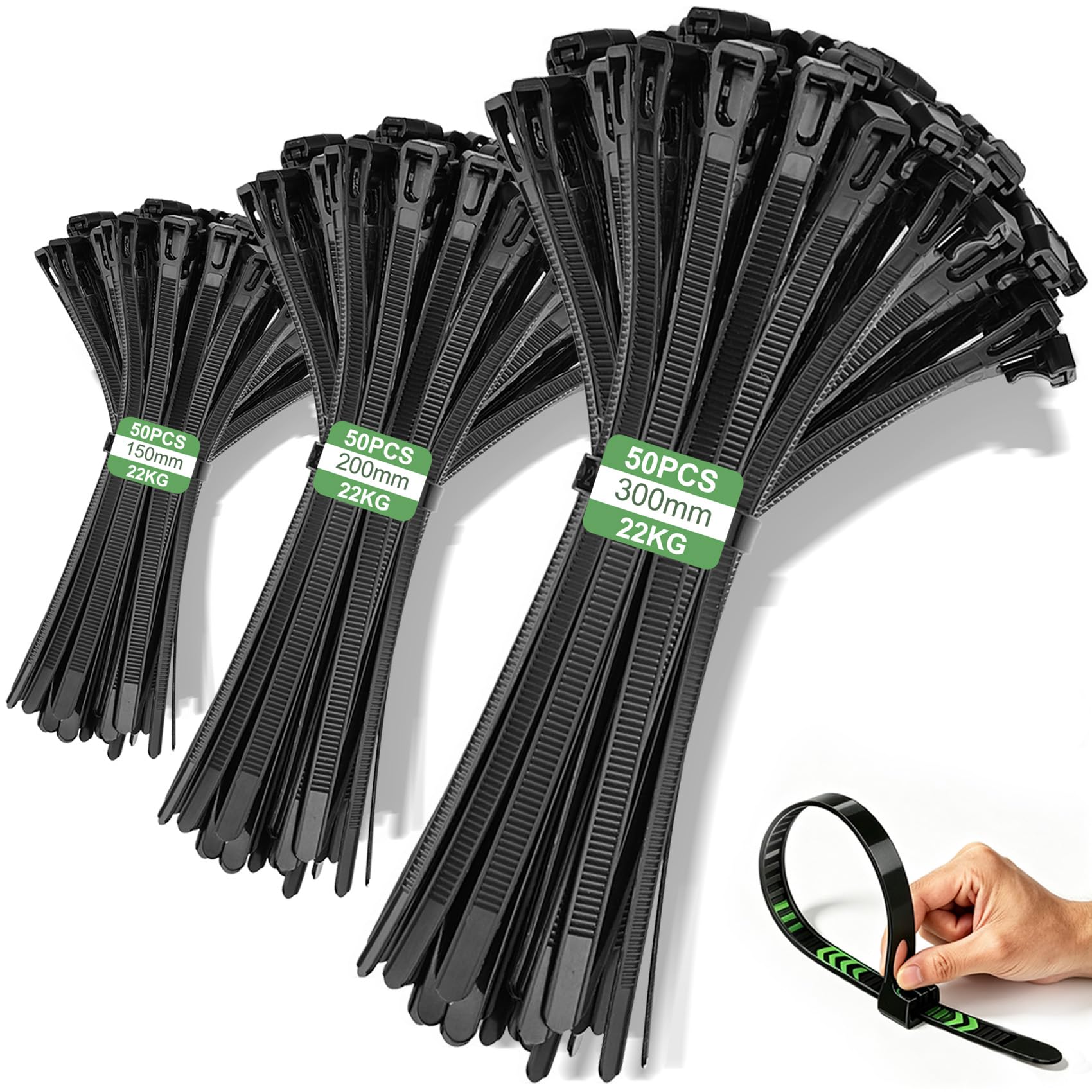 Serre-Câbles Réutilisables Noirs, 150 Pièces 150/200/300mm | Anti-UV en Nylon, 22kg Traction, Colliers de Serrage Intérieur Extérieur pour Électricité et Jardin, Atelier