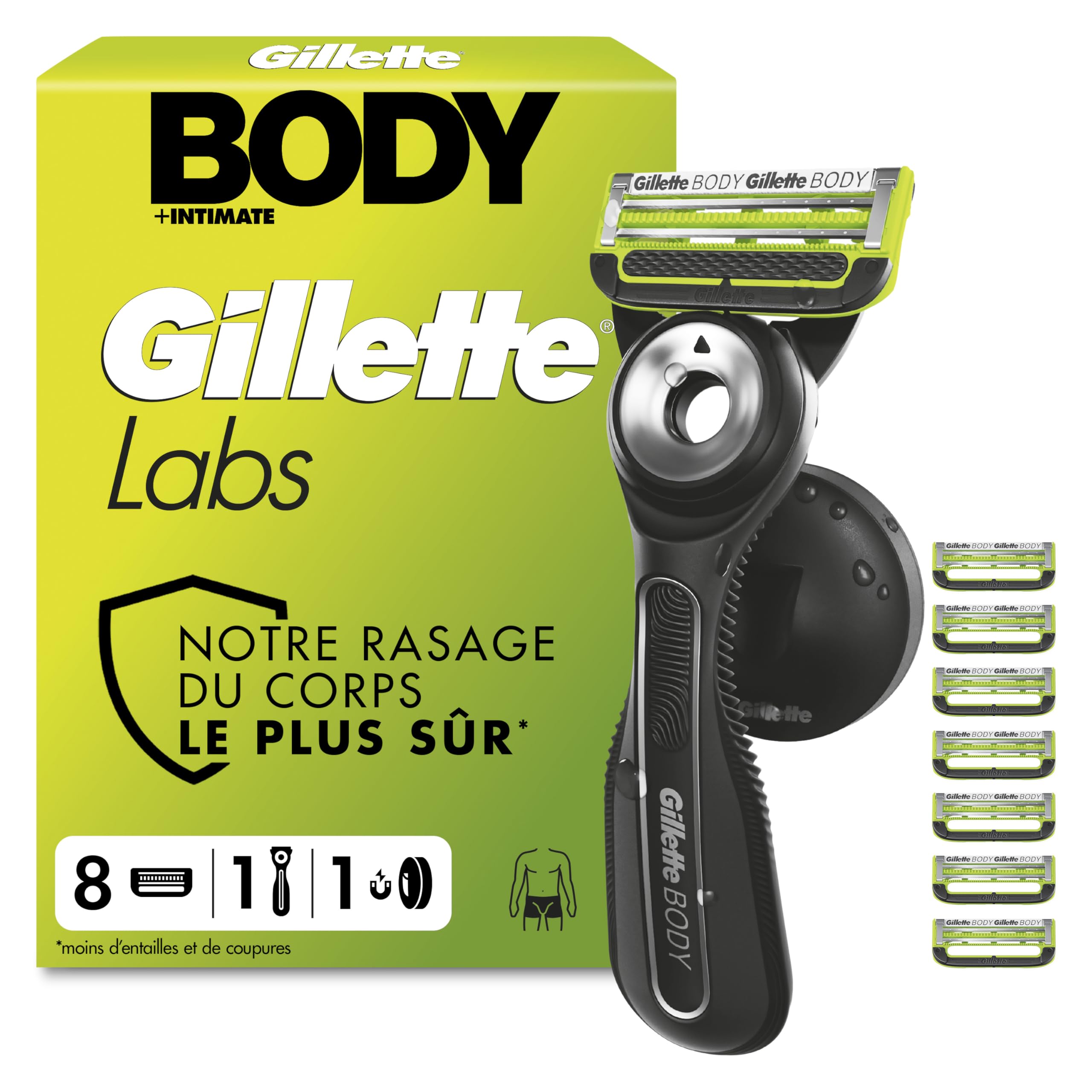 Gillette Labs Body + Intimate Rasoir Intime Homme, 8 Cartouches, Noir | Conçu pour le Rasage du Corps et du Pubis, Lames avec une Barre Anti-Poils Incarnés et Irritation, Manche Facile à Gripper