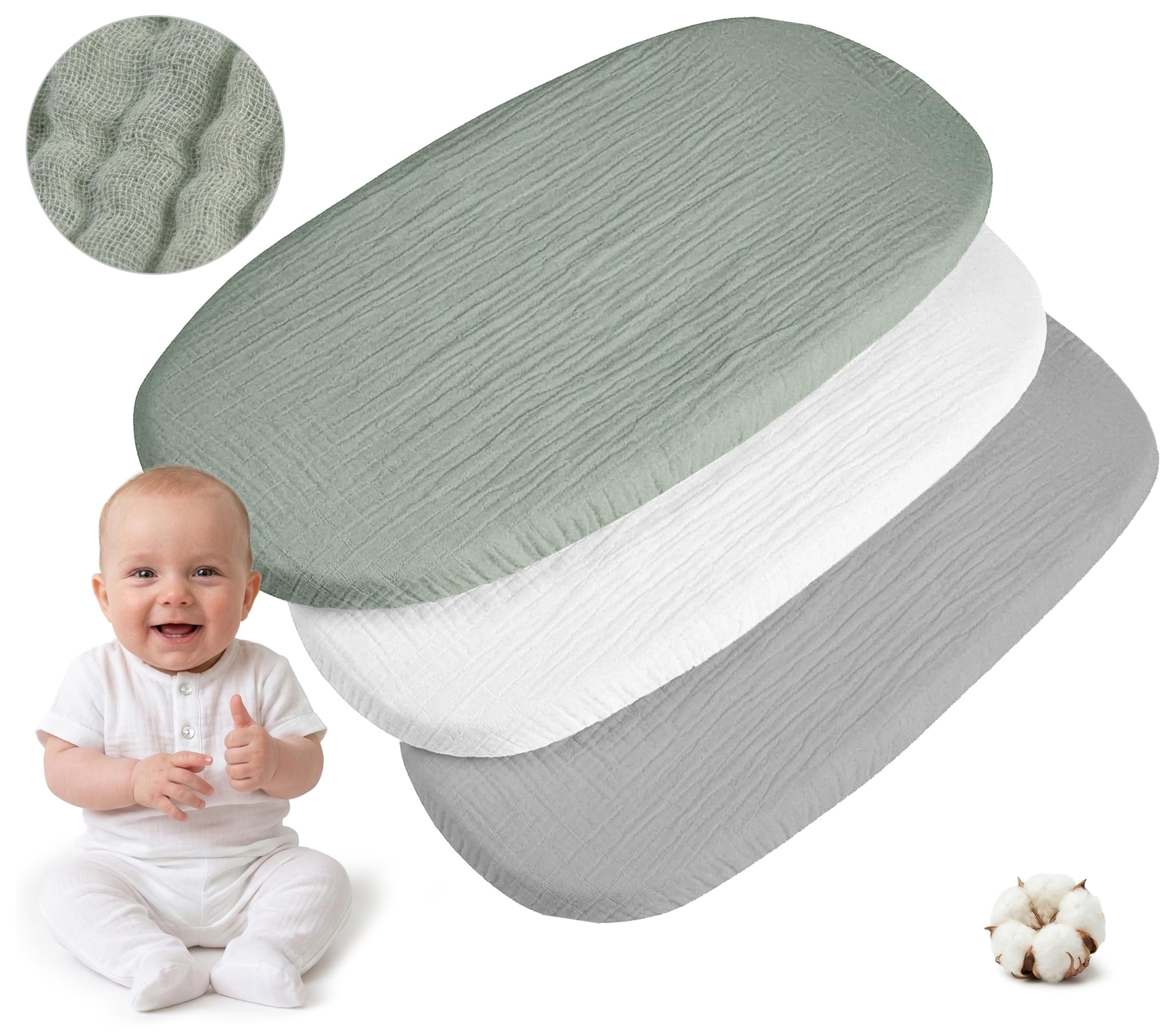 Medi Partners Drap Housse Nacelle 86x40cm Lot de 3 Draps Bebe Matelas Lit Couffin Cododo Landau - 100% Coton Mouseline Ovale Poussette Bébé Fitted Sheets Cover pour Mattress (Olive-Blanc-Gris)