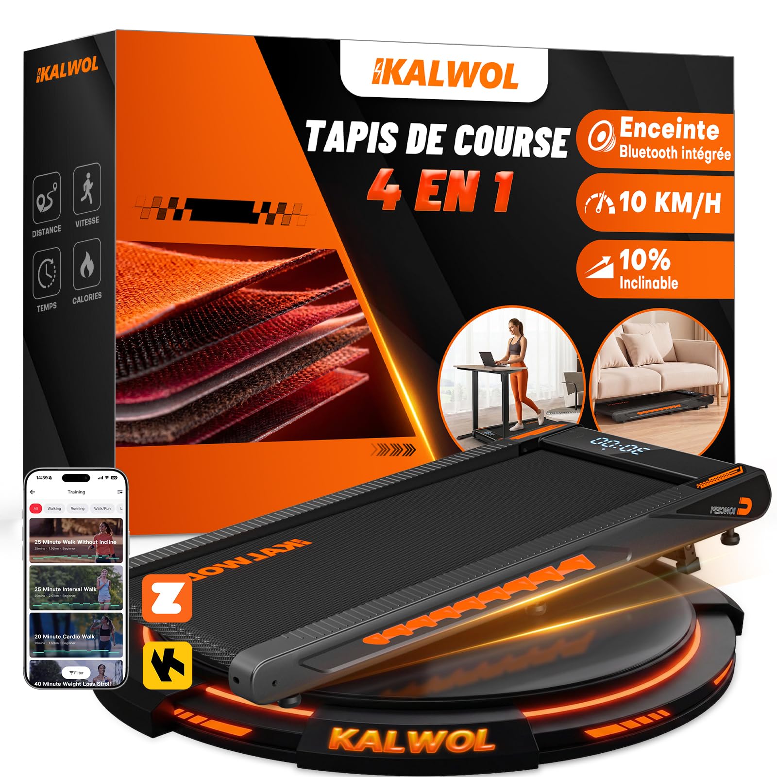 KALWOL Tapis de Course, Tapis de Marche avec Enceinte Bluetooth – Inclinaison 10%, Moteur Silencieux 2,75 CV, 10 km/h, 12 Programmes HIIT, APP & Télécommande, Charge 160 kg – pour Maison & Bureau