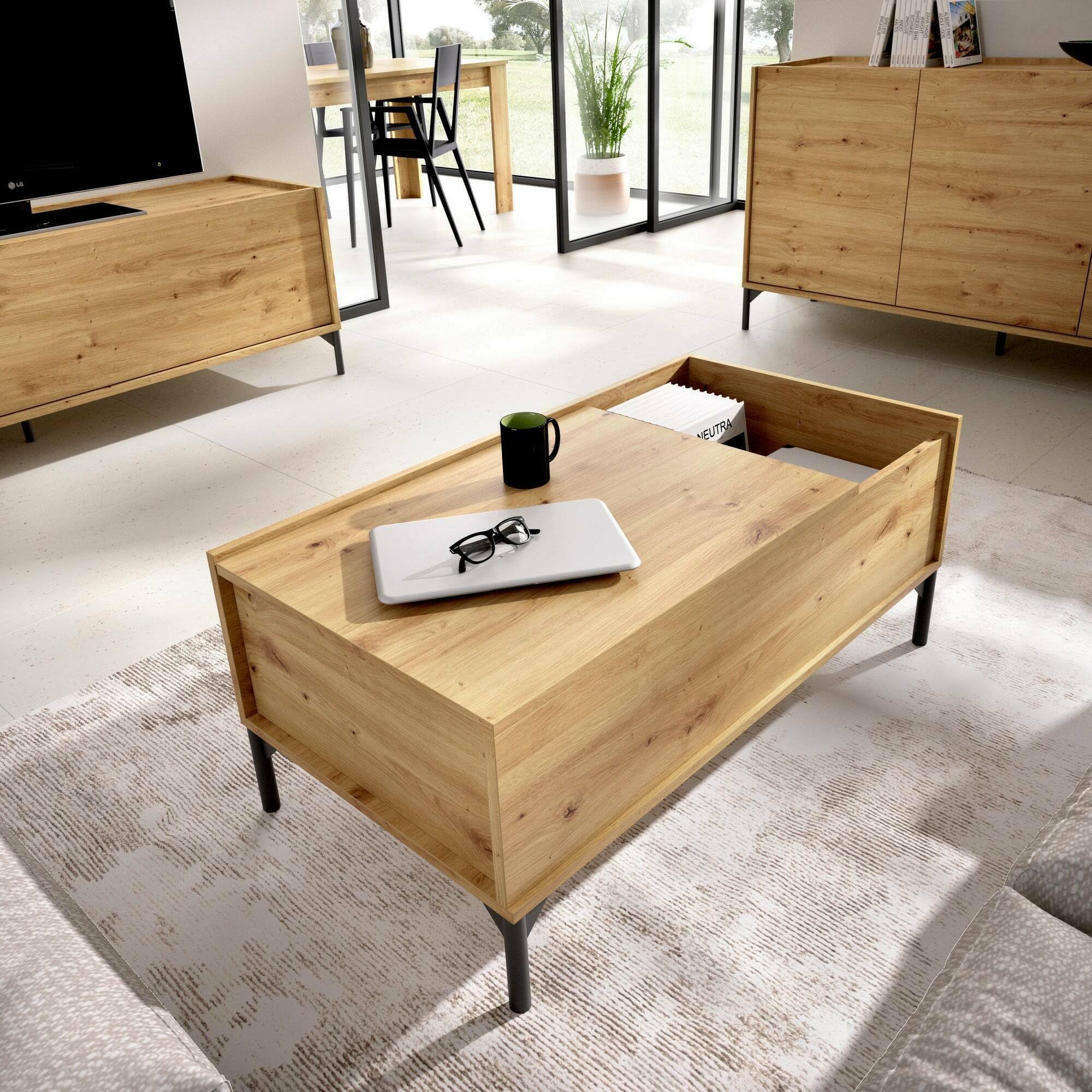 Dmora - Table Basse Cuna, Porte-revues de Salon avec Compartiment de Rangement, Table Basse élévatrice Basse, 99x60h41 cm, Chêne Nodi
