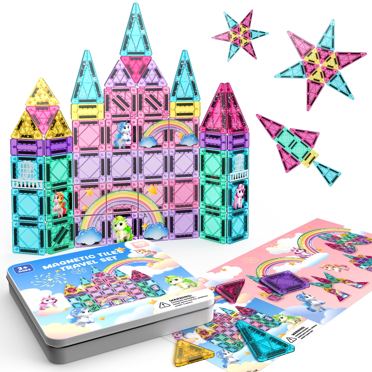 ACELIFE Lot de 60 blocs de construction magnétiques Montessori - Mini jouets magnétiques pour enfants - Kit de voyage Montessori - Blocs de construction portables STEM - Carreaux magnétiques pour