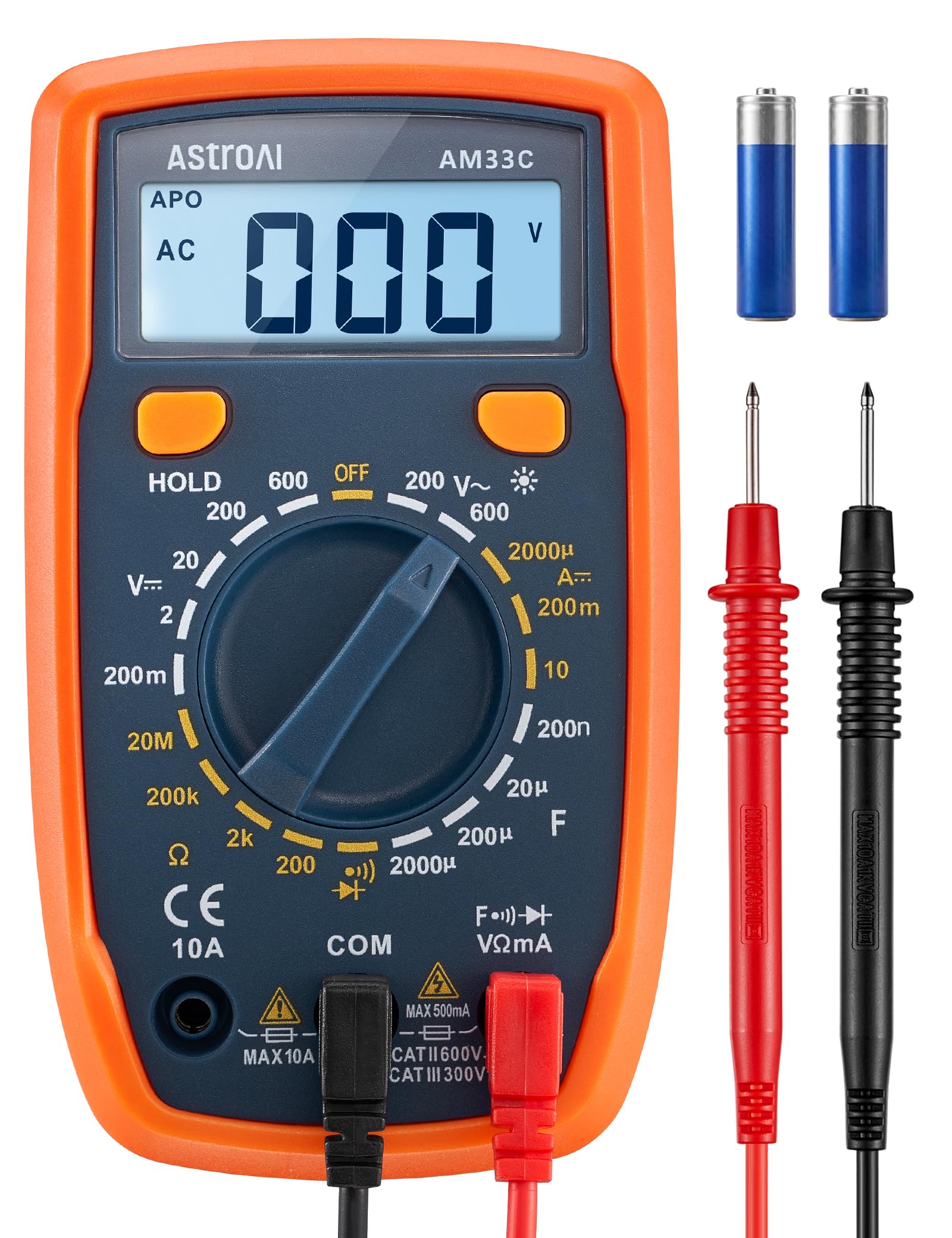 AstroAI Multimètre Numérique Portable, Testeur Électrique Multifonctions | 2000 Précis et Sécurité, Capacitance, Ampèremètre, Ohmmètre, Testeur de Tension AC/DC, Courant DC,Résistance,Continuité,Diode