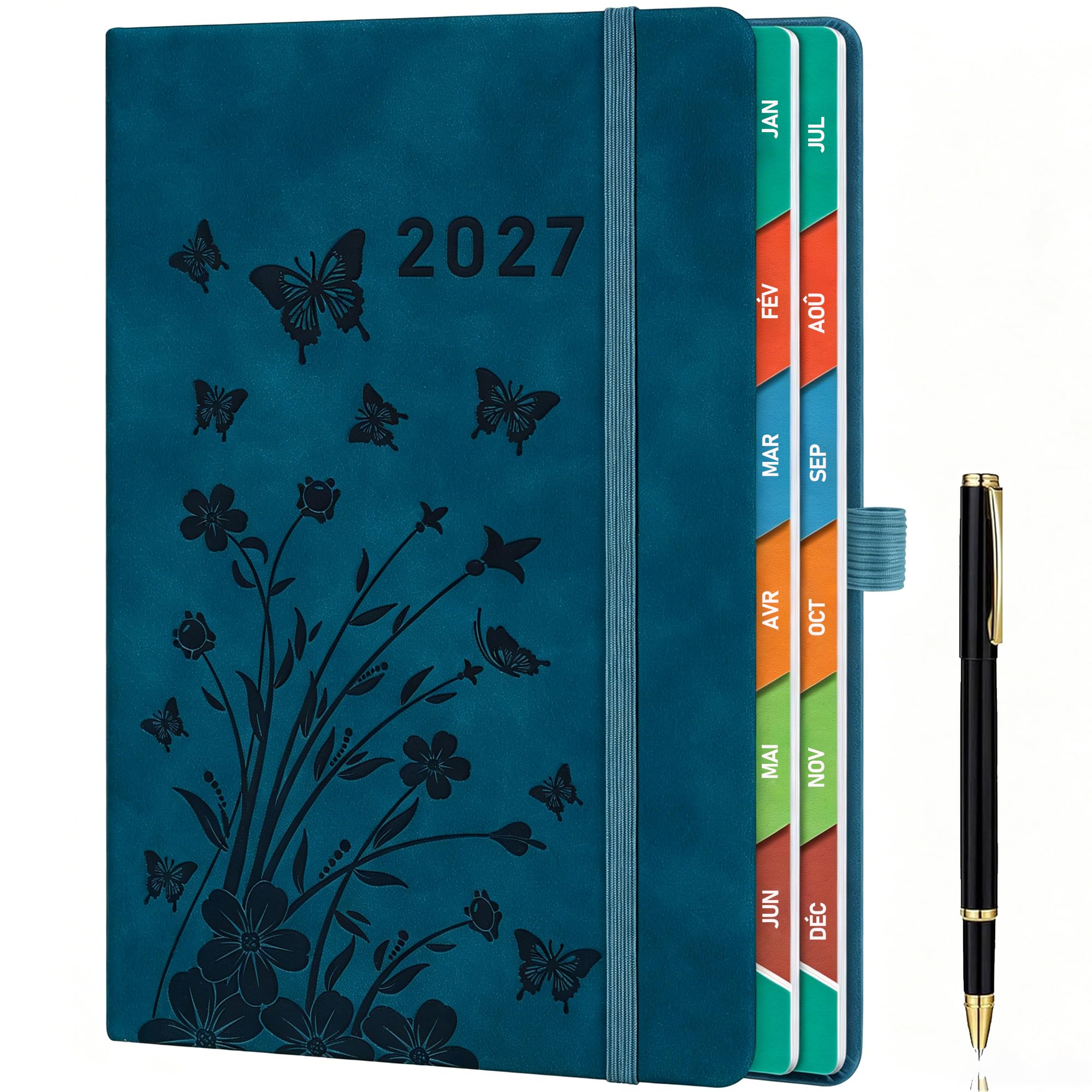 2027 Agenda Jour par page, A5 (bleu paon) : Agenda par jour de janvier à décembre, agenda quotidien et mensuel avec onglets mensuels colorés,design floral, porte-stylo élastique,bleu paon.