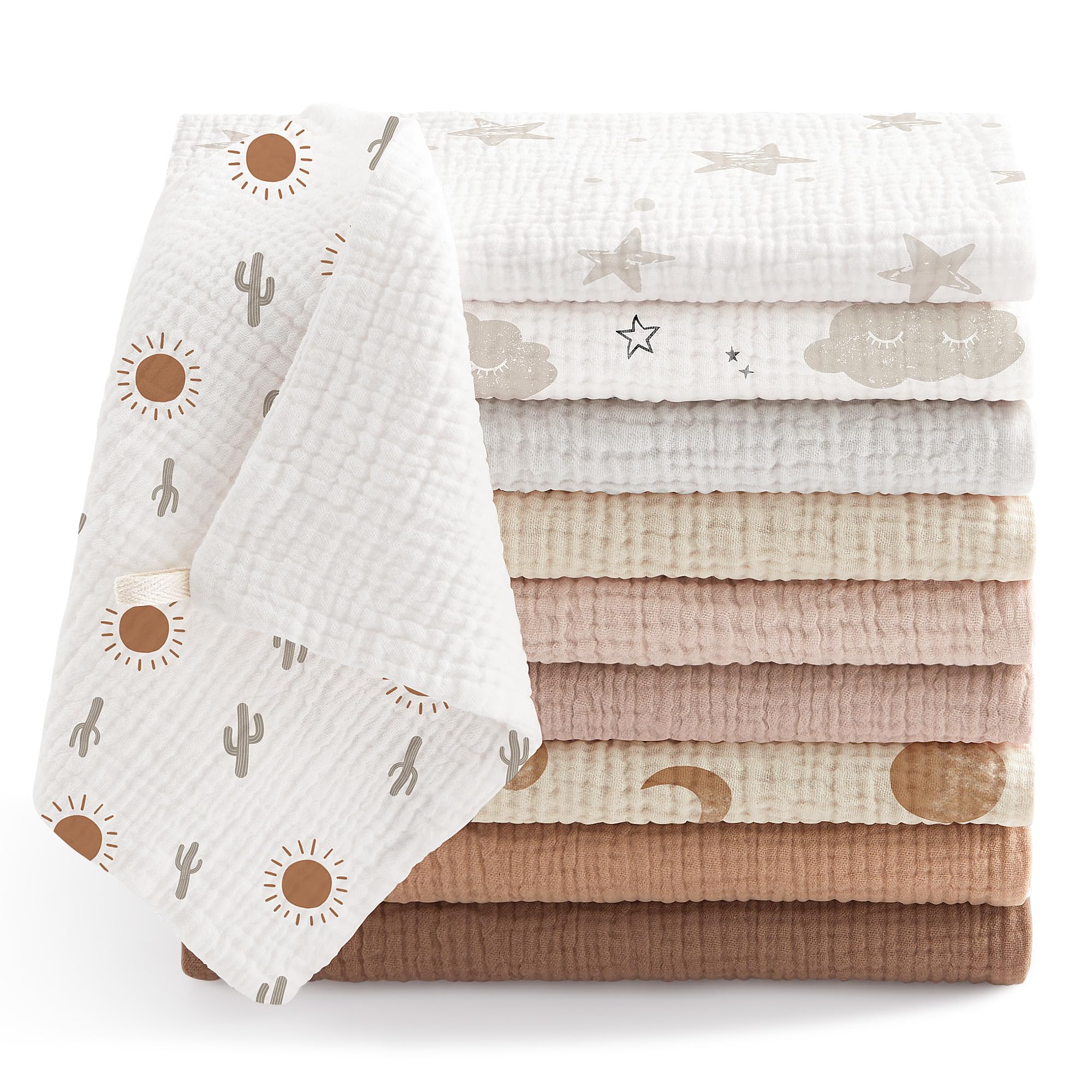 bearmoss Langes Coton BéBé 25x25cm,Lot de 10 Mousseline de Coton Carrés de Mousseline Super Absorbant de Mousseline à Grain pour Unisexe Bébé Filles et Garçons (10, Marron)