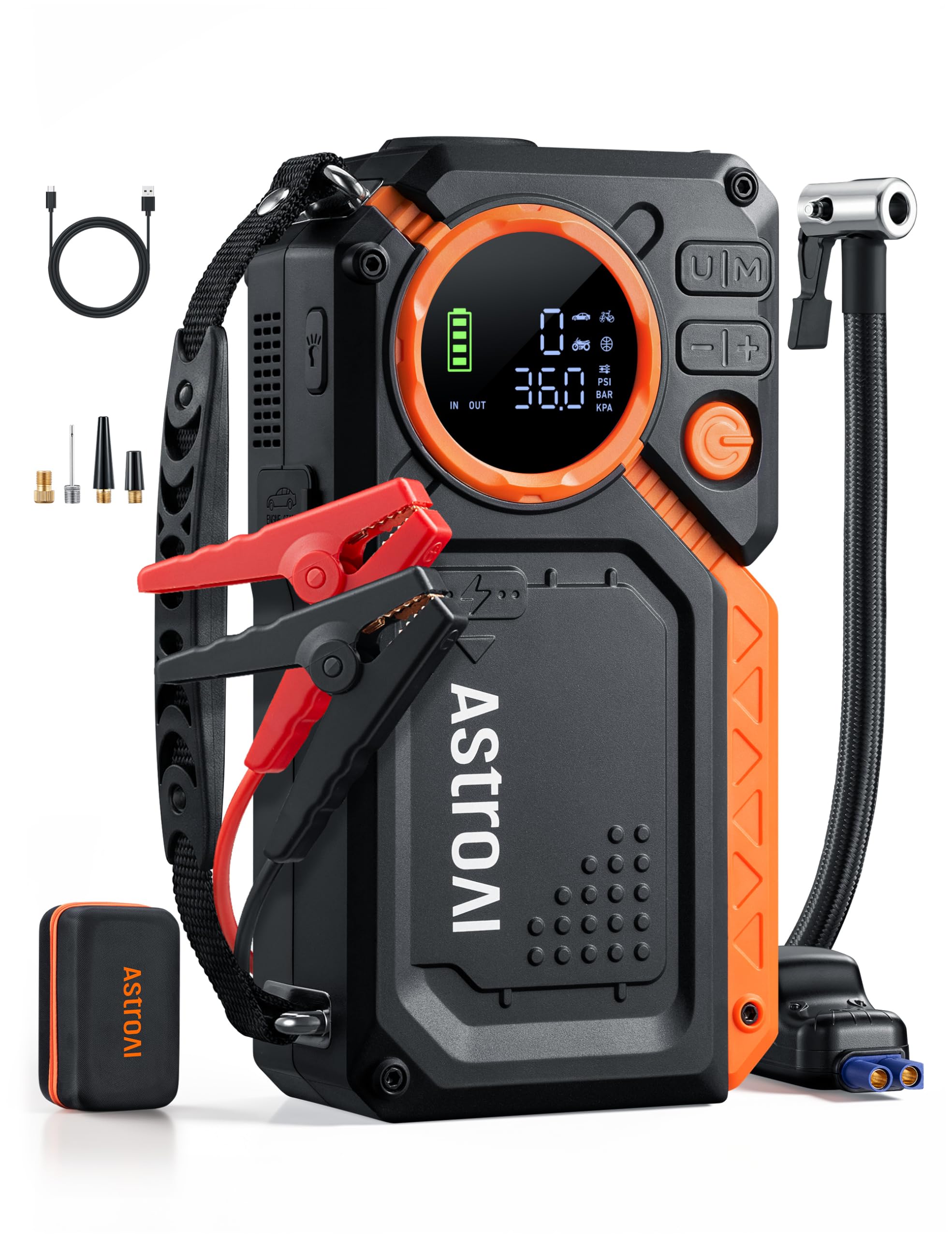 AstroAI Booster Batterie Voiture 8000A avec Compresseur à Air 150PSI 12V | Démarreur Batterie Voiture Portable (Tout Essence/12L Diesel) Pinces de Sécurité Intelligentes, LED Démarrer Rapidement&QC3.0