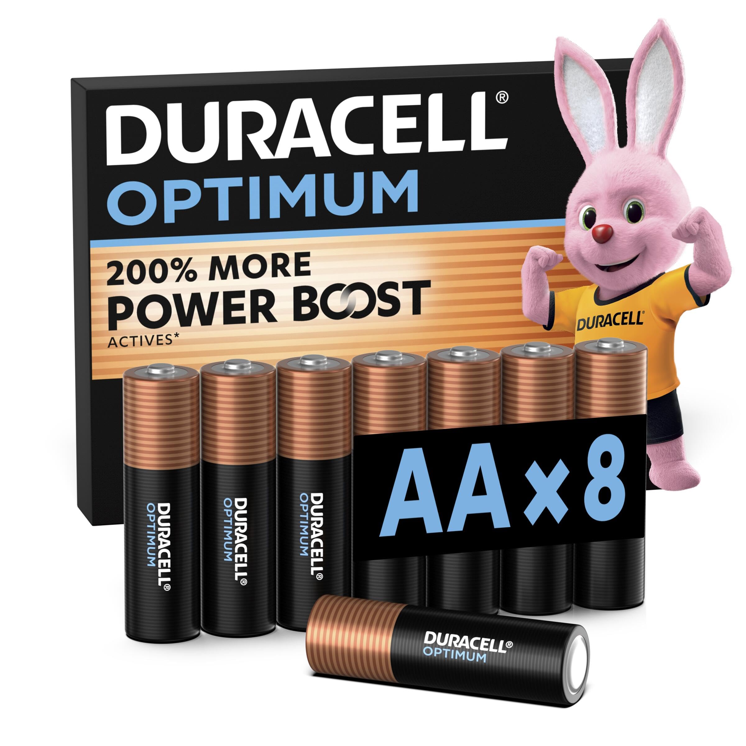 DURACELL AA Optimum Piles Alcalines (Lot de 8) 1.5V, LR06 | +200% D'actifs Power Boost - Pour les Appareils énergivores, Systèmes De Surveillance - 100% Recyclable