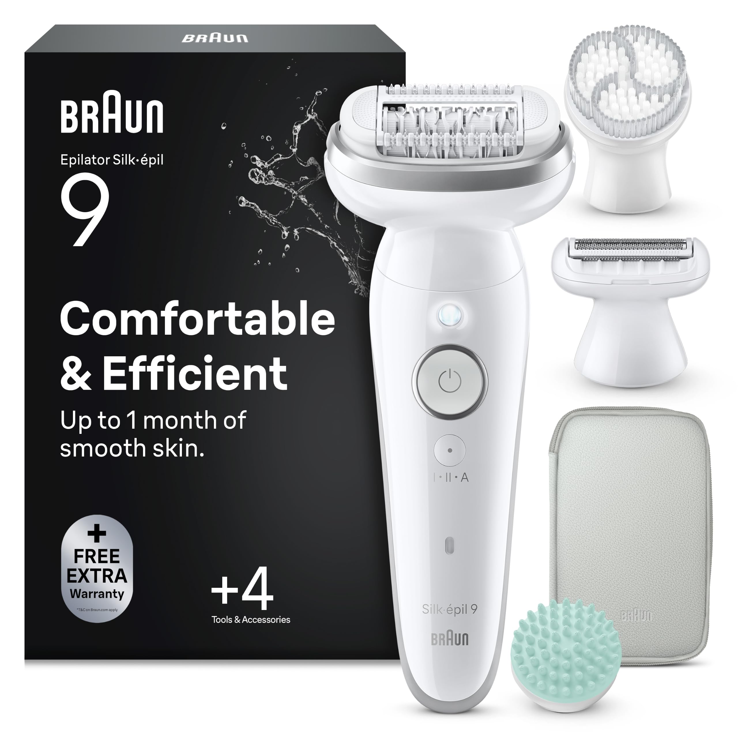 Braun Epilateur Electrique Femme Silk Epil 9 SkinSpa 9-080, Argent | Etanche, sans Fil, Tête Pivotante, Coffret Epilation Tout-en-Un, Sabot Tondeuse, Coussin de Massage, Brosse Exfoliante