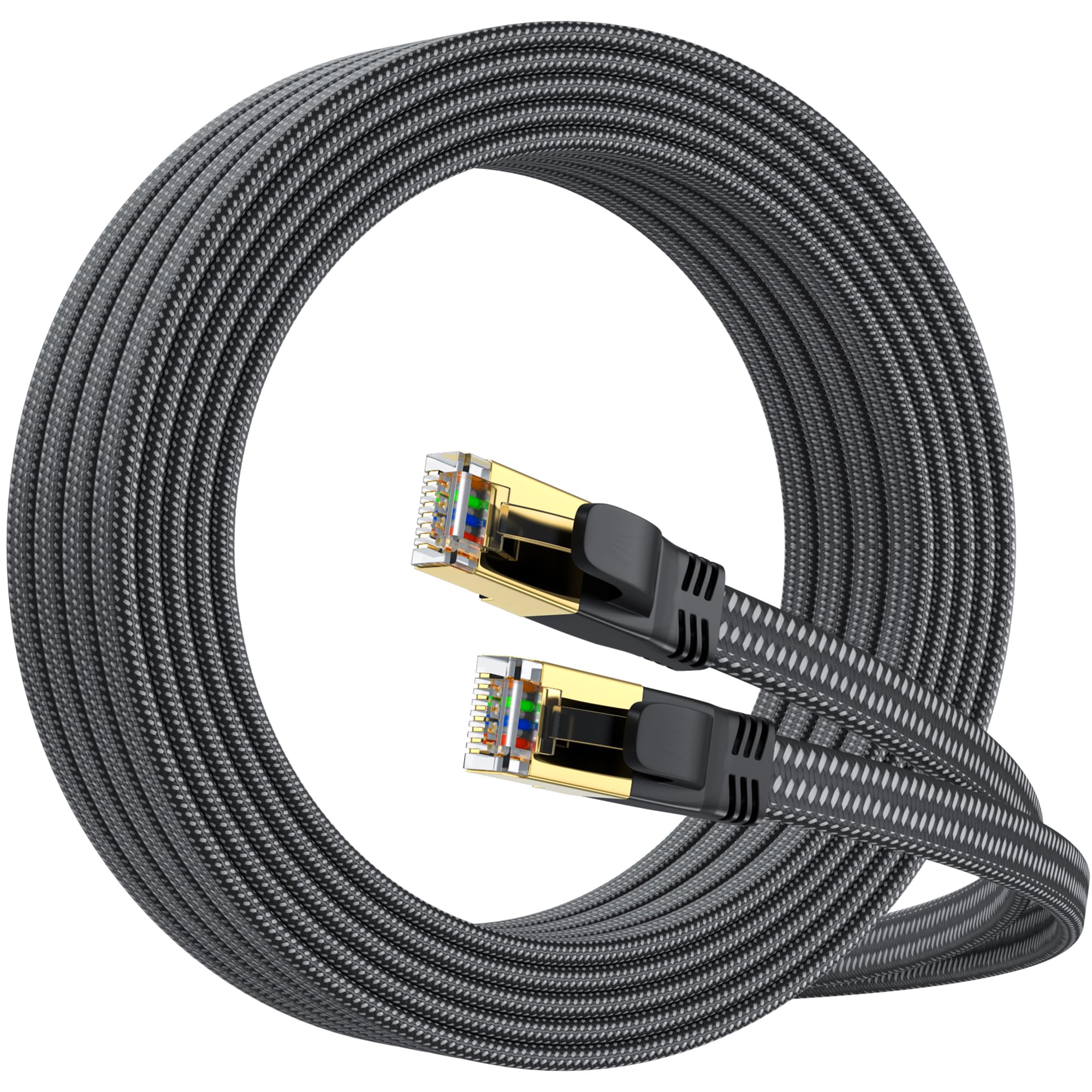 Cat 8 Ethernet Cable 15M, Cat8 Flat Braided High Speed (40Gbps 2000Mhz/s) Gigabit, Connecteur RJ45 Shielded Cable Internet Network Lan Patch for Modem Router Computer TV PC-Intérieur