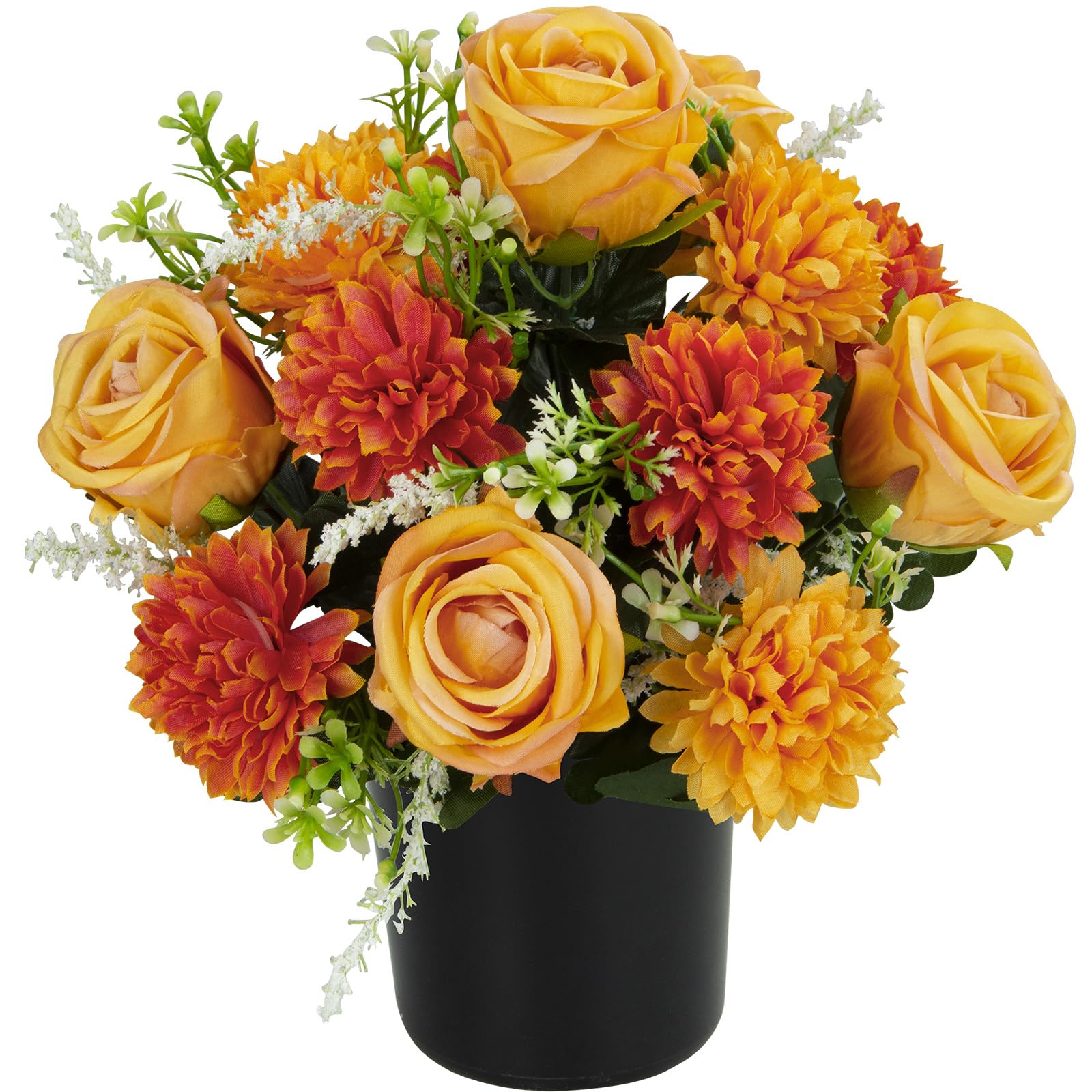 SIFOEL Fleurs funéraires artificielles pour cimetière - Chrysanthèmes et Roses artificielles - Fleurs commémoratives décoratives en Pot pour Tombe - Décoration extérieure et intérieure (1, Orange)