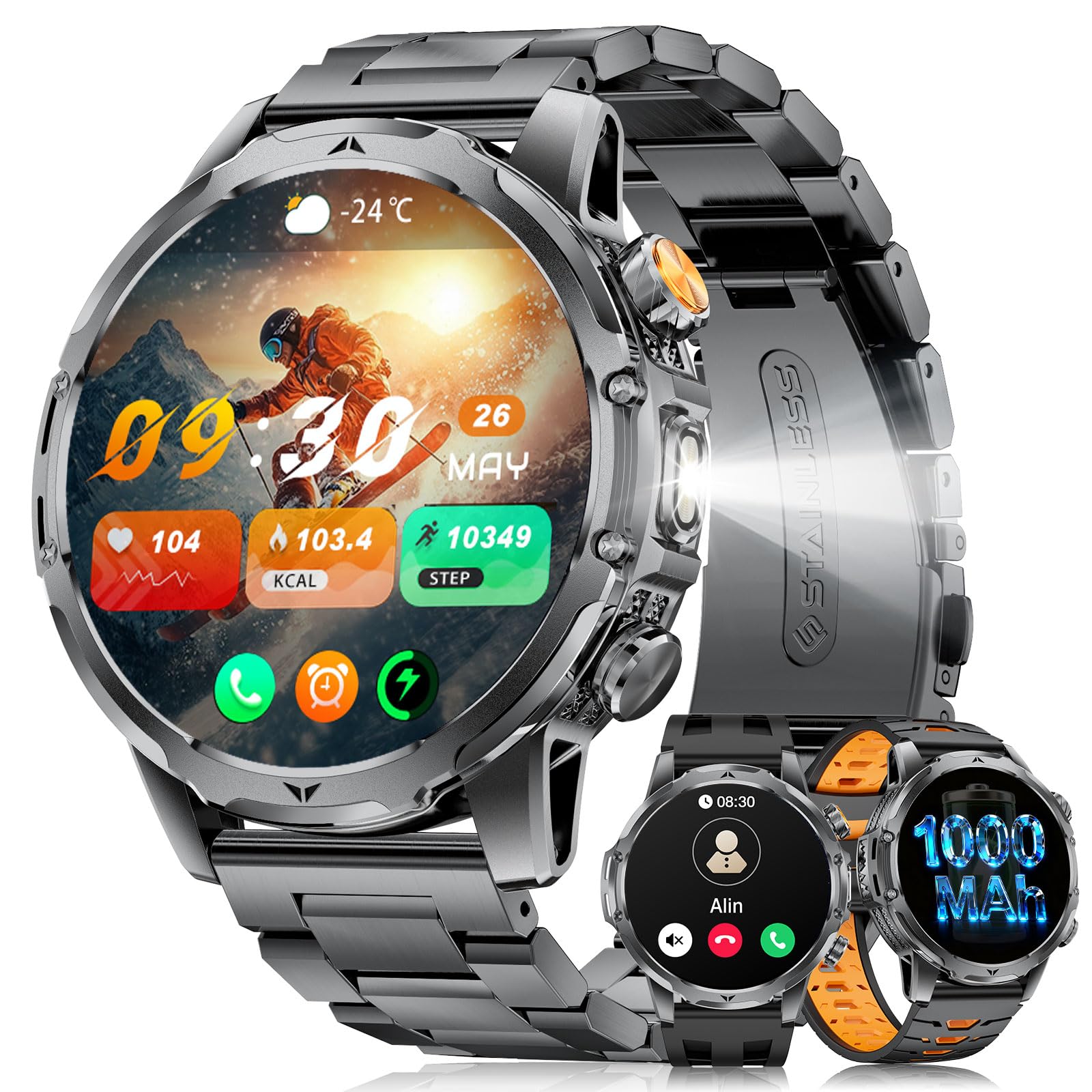 LIGEMI Montre Connectée Homme avec 1000mAh/Poche, 1,53" HD Écran Militaire Smartwatch avec Appel Bluetooth, 120+ Sportmodi, IP68 Étanche, Fréquence Cardiaque, Moniteur de Sommeil pour iOS Android