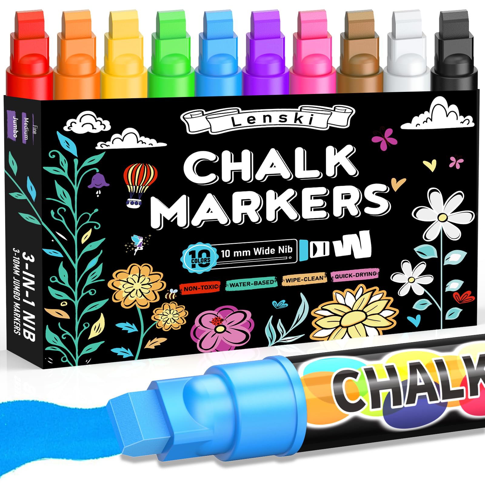 Lenski 10 Stylo Craie Pour Tableau Noir Effacable, Marqueur Craie Effacable | 10mm Effacable Stylo Craie, 3 en 1 Feutre Craie pour le Verre Fenêtre, Idee Cadeau Noel Original, Cadeaux de Noël Originaux