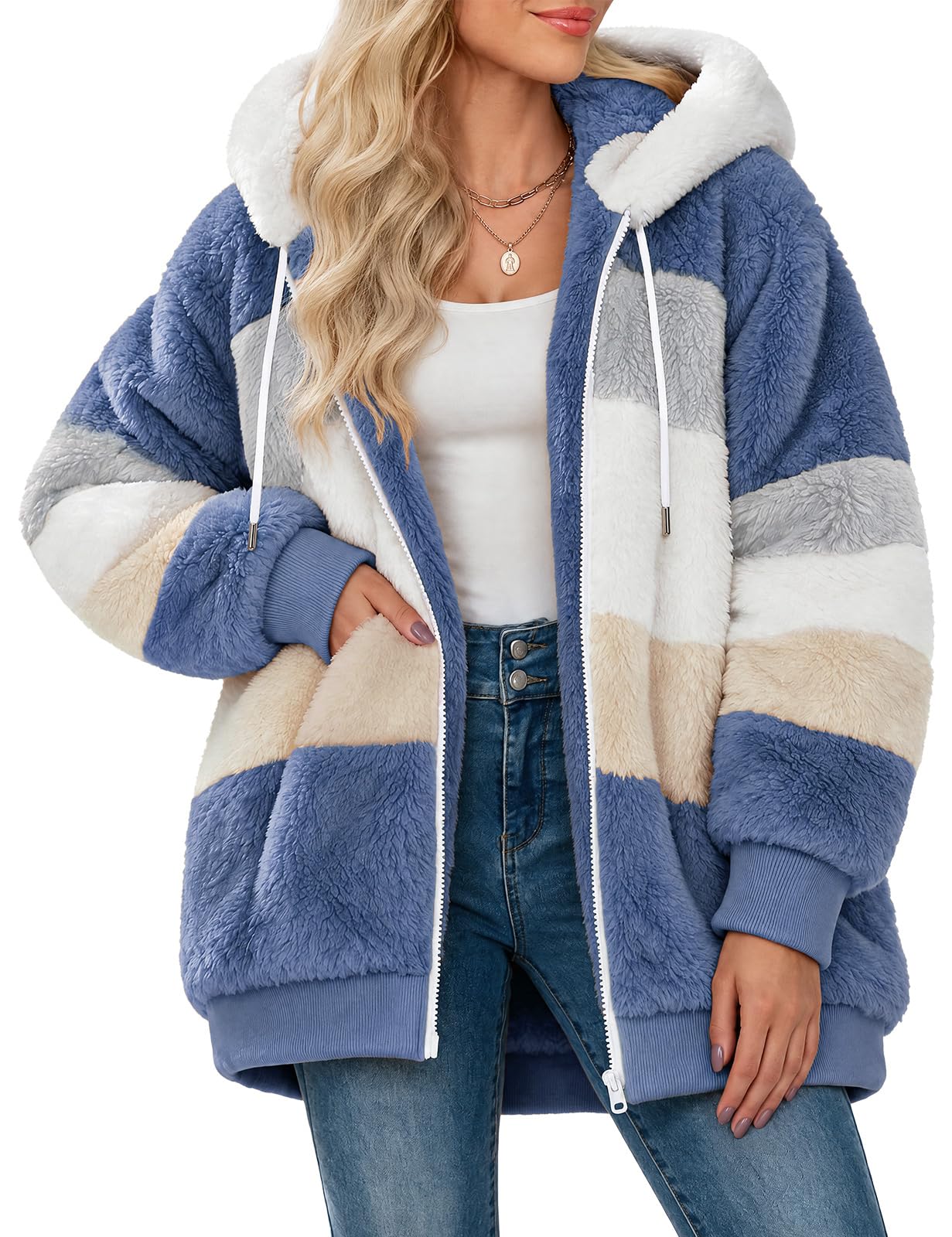 Yuson Girl Manteaux Polaire Zippée pour Femme Hiver Veste Chaude à Capuche Sherpa Doublure en Peluche Outercoat Doux Ample Épaissir Blouson Chaud Décontractée Veste Avec Poches