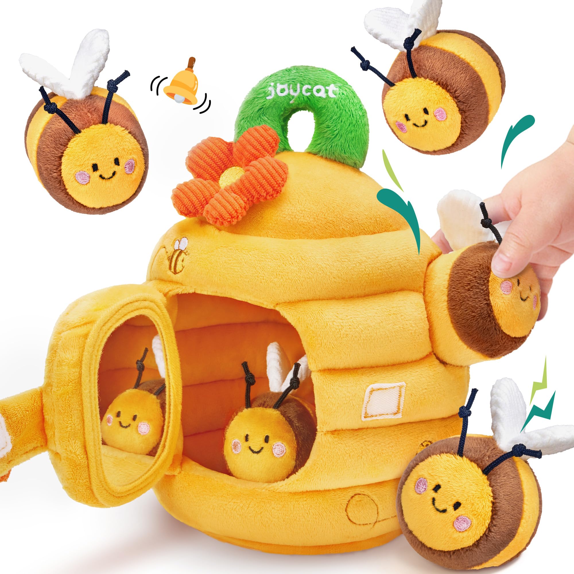 JoyCat Jouet Bebe 6-12 Mois, Ruche avec 5 Abeilles en Peluche, Jouet Montessori avec Hochets, Miroirs, Jeux Sensoriel Bebe 6 Mois, Cadeau Bebe Enfant 1 an Garçon Fille