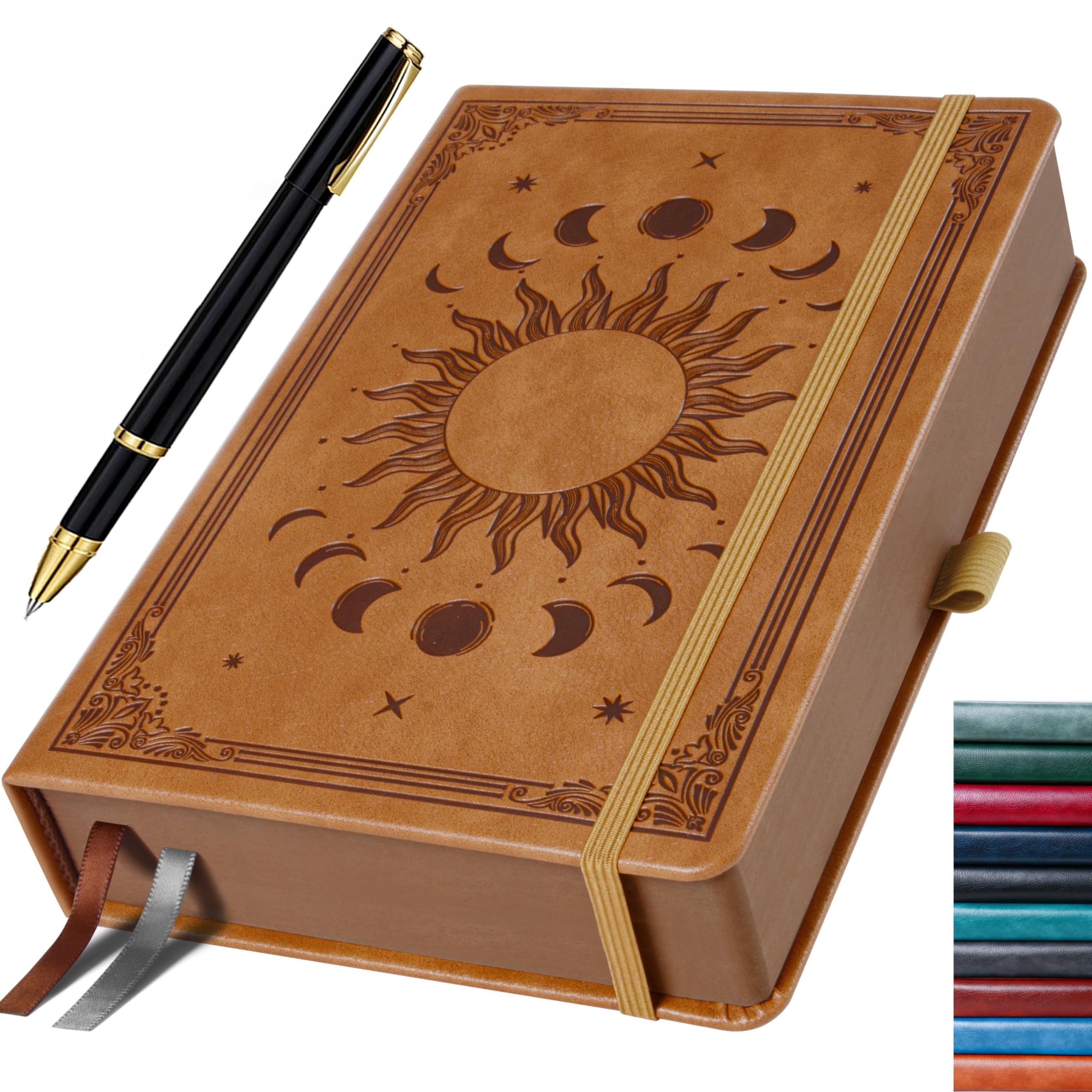 HwxBen Carnet de Notes B5 (19x25cm), 360 Pages, Papier 100g/m², Résistant à l’Encre, Ligné, Cuir PU, Soleil & Lune – Marron Clair, avec Stylo, Pochette, pour Journal, Bureau, École