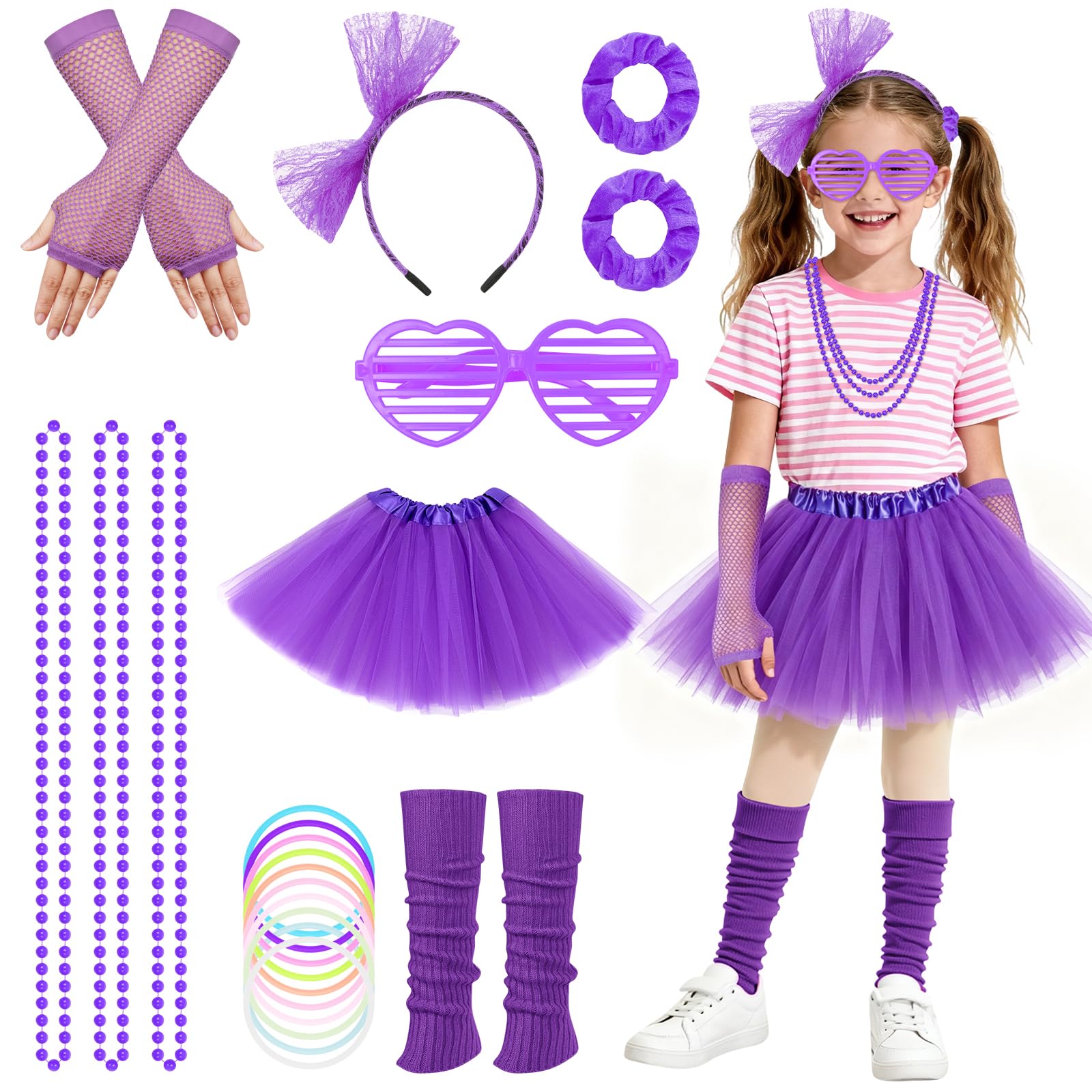 BSBUY 20 Pièces Kit Déguisement des Années 80, Accessoires de Costume Année 80, Jupe Tutu pour Filles, Jambières, Gants en Résille, Disco Costume Vetement Fête Néon Tutu Fluo, 1980 Costume de Fête