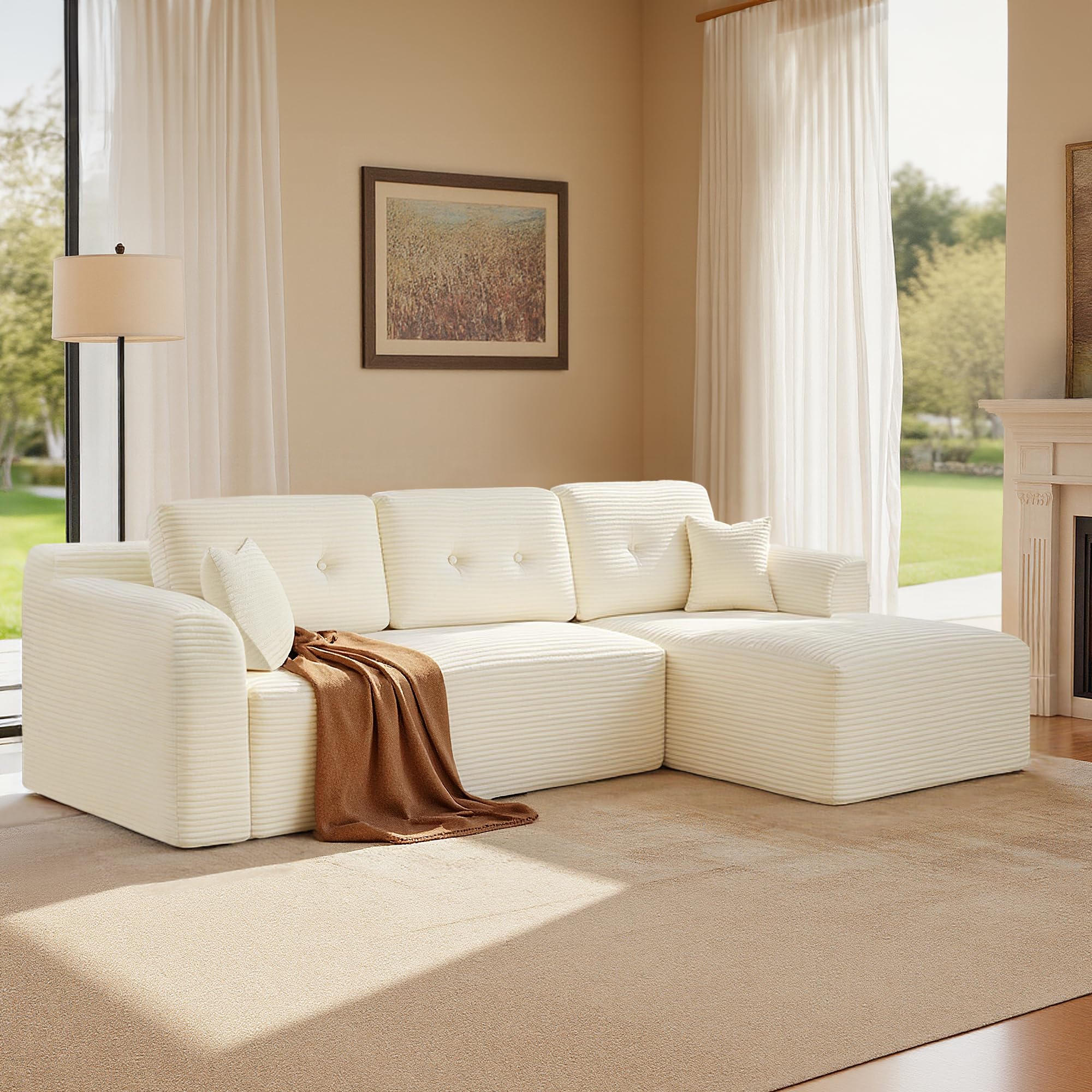 VASAGLE Canapé d'Angle Convertible en Velours Côtelé, 244x152x85,3 cm | Banquette Lit Modulable, Canapé Compressé, Meubles de Salon, Blanc Crème, Collection CAMILA LCS184WD01