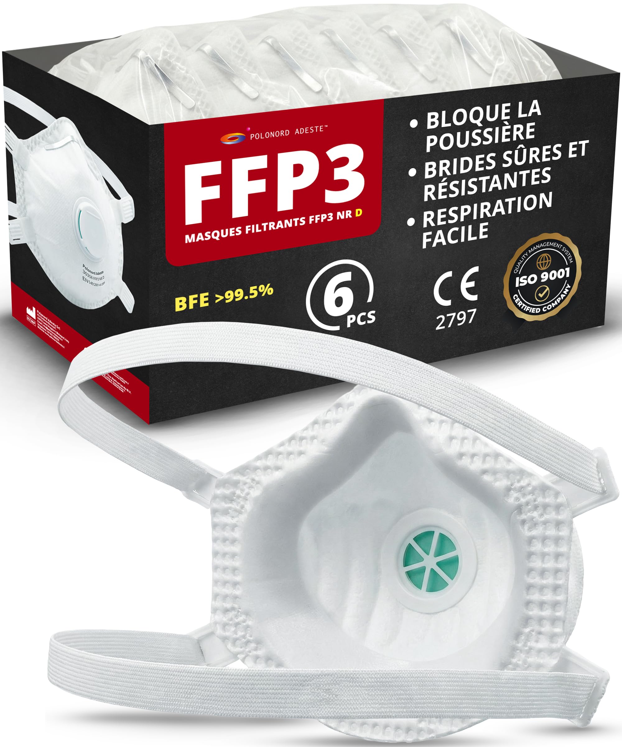 ADESTE 6 Masque FFP3 Adulte | Masque amiante étanche confort Certifiée D | Poussières fines & travaux lourds | Chaîne contrôlée | Hypoallergéniques | Élastiques résistants et réglables | CE