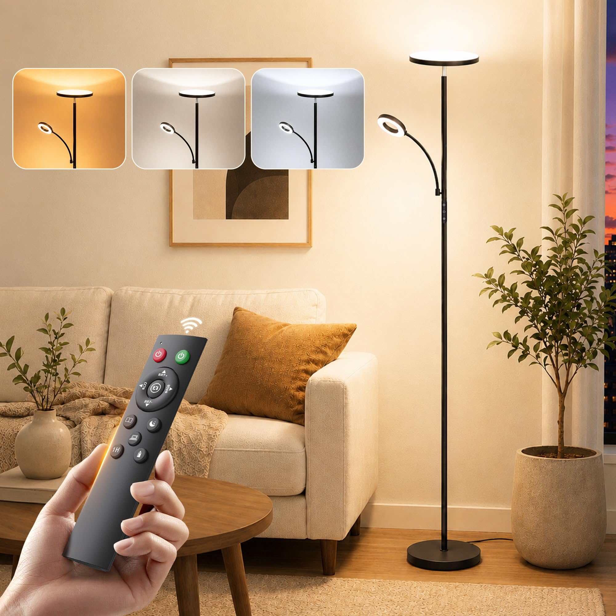 Torkase Lampadaire sur Pied LED Noir 42W 4200LM avec Lampe Lecture | Dimmable, Détecteur plafond, Lumière réglable 2700K-6500K, Télécommande magnétique et tactile, Salon Chambre Bureau