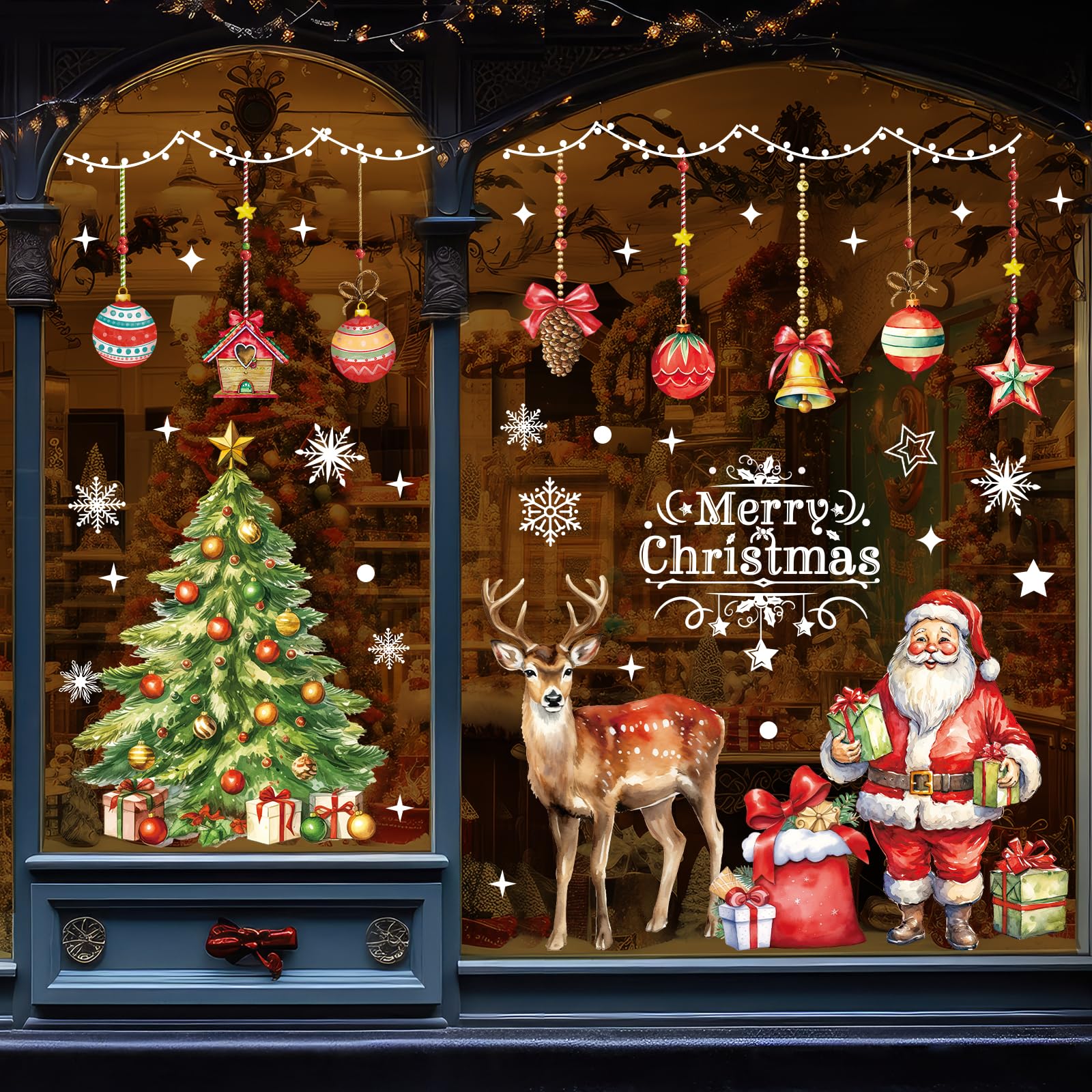Edonkvi Stickers Noel Fenetre 86 PCS, Autocollant Vitre Electrostatique XXL Decoration Interieur Maison, Reutilisable Deco Vitrophanie Flocon de Neige Grand Format, Aquarelle PVC Arbre de Noël Renne