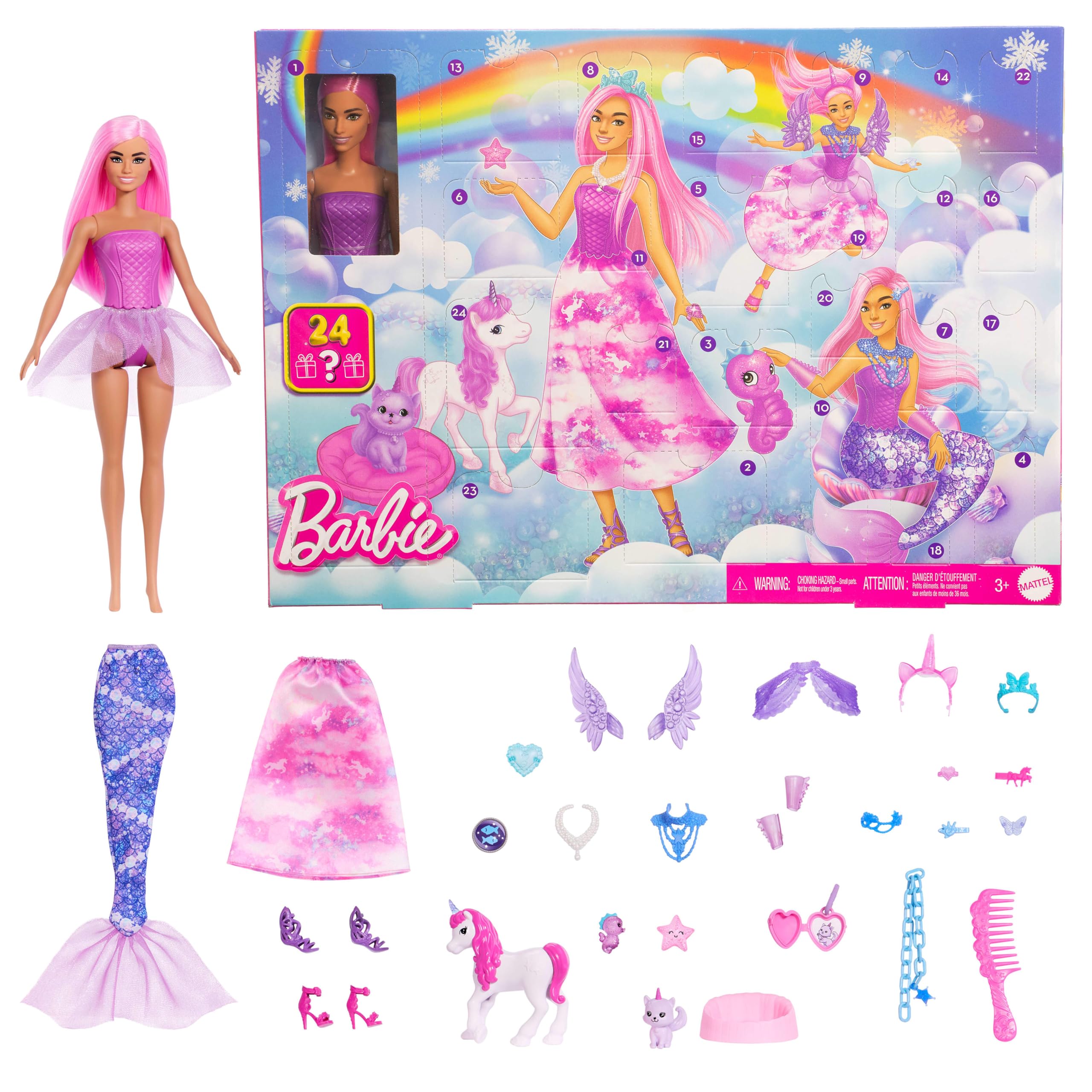 Barbie Calendrier de l’Avent avec poupée et accessoires fantastiques | 24 accessoires surprises jouets, licorne & animaux, poupée mode à transformer en sirène, fée & plus, JFL66