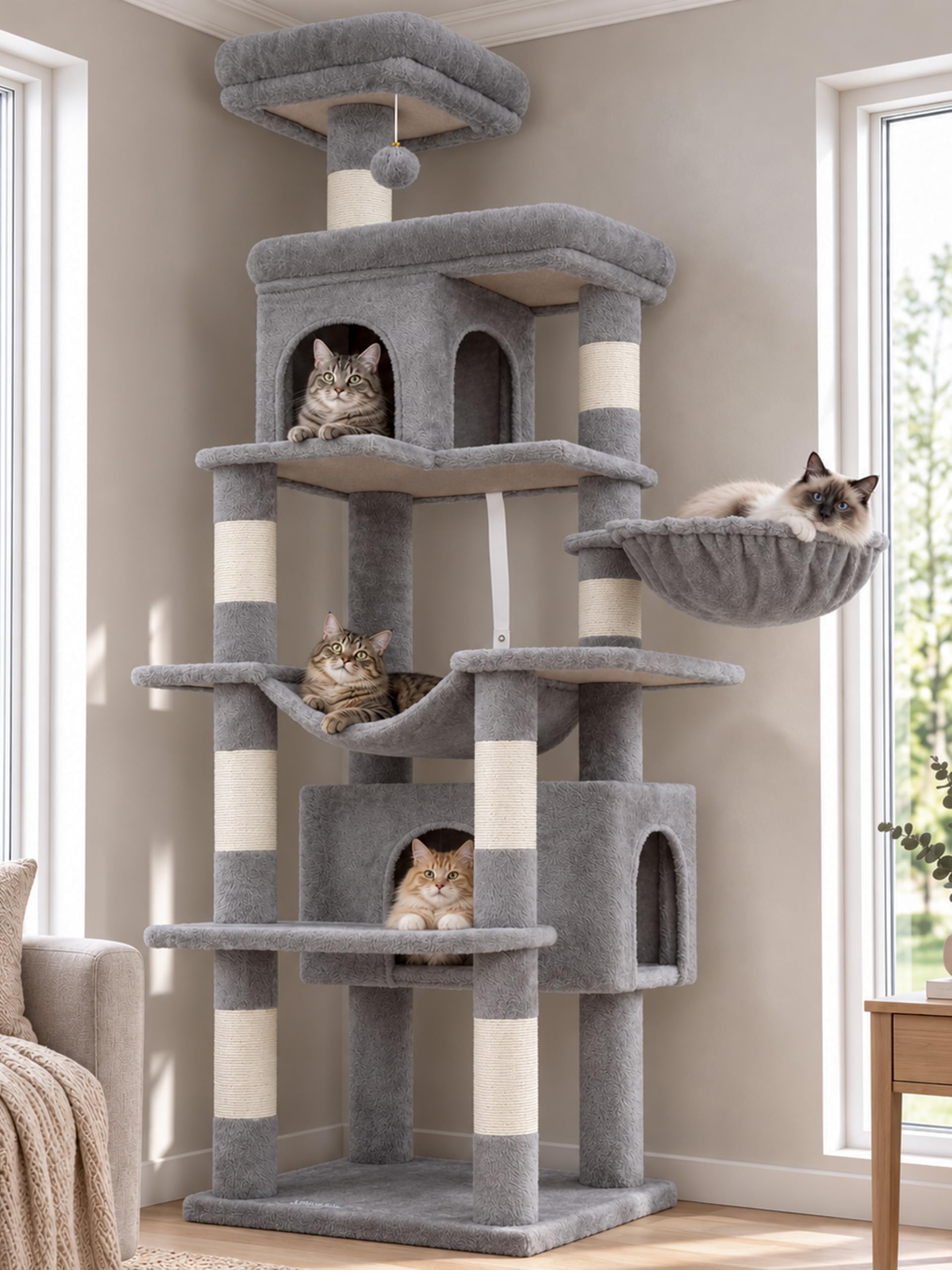 Heybly Arbre À Chat, De 178 cm De Hauteur, Colonne À Griffer pour Les Chats D'Intérieur, Arbre À Chat Multi-Étagé avec 8 Colonnes À Griffer, 2 Trou, 2 Plateformes, Hamac, Panier, Gris Foncé HCT036W