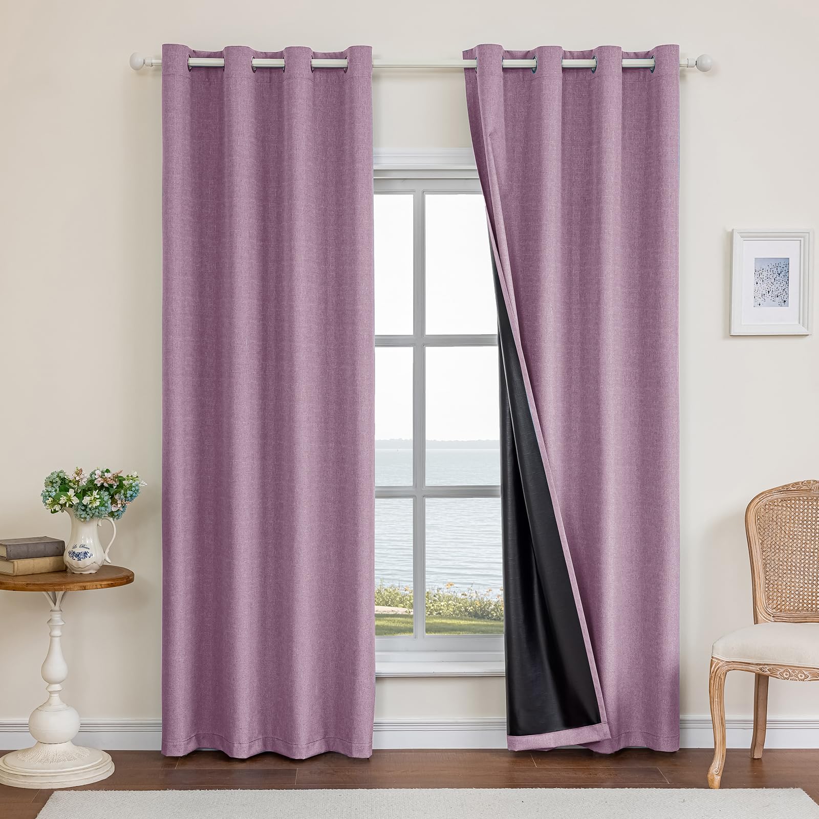 Ystyle 100% Rideau Occultant Lot De 2, 140x225cm, Effet Lin, Rideau Thermique Isolant Anti Froid Et Chaleur, Rideaux Anti Bruit Anti UV, avec Oeillet, pour Moderne Salon Et Chambre, Violet Clair