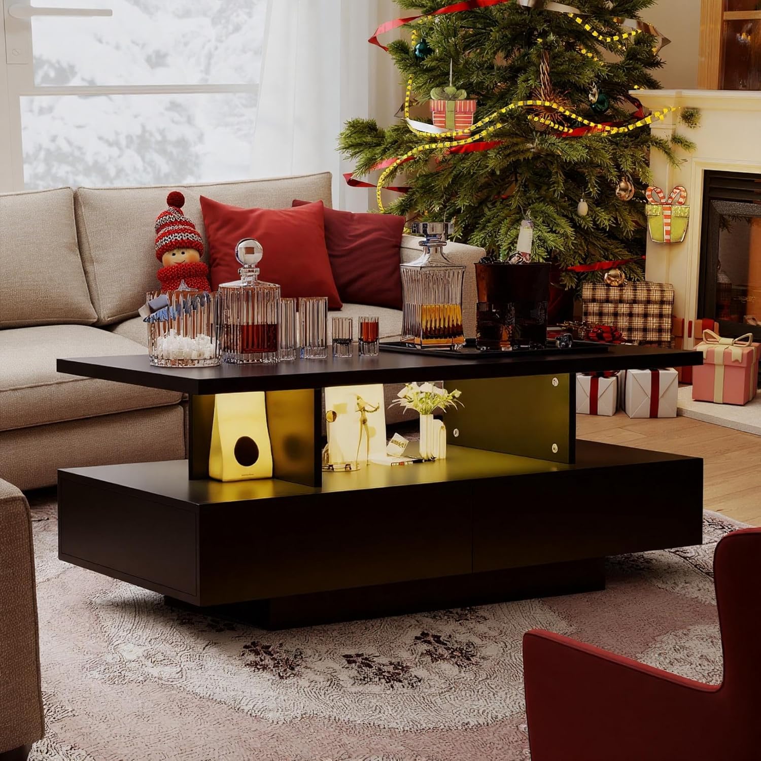 Table Basse LED avec 2 Tiroirs