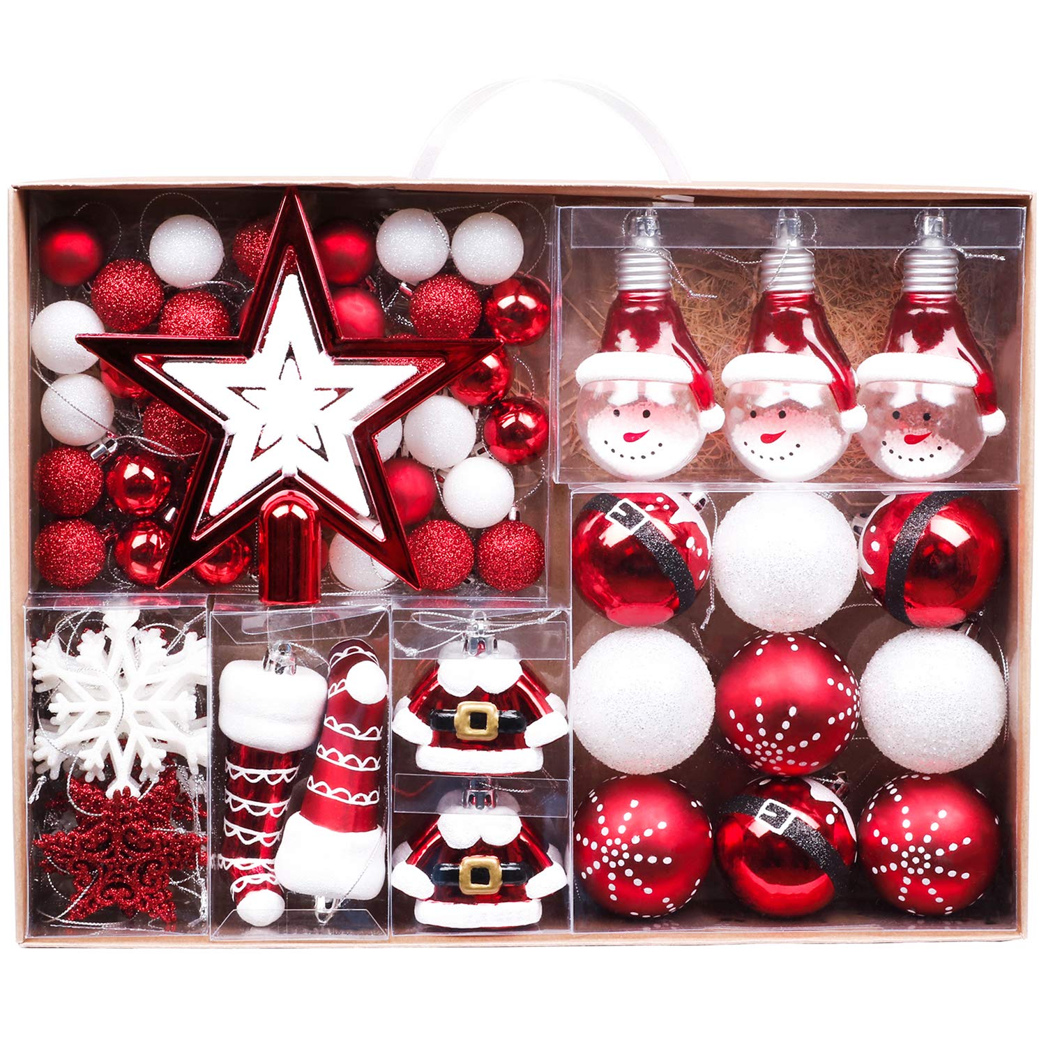 Valery Madelyn 70pcs Boules de Noël pour Decoration Noel,Thème Rouge et Blanc Traditionnel, Décoration Sapin Noel à Suspendre en Plastique,Étoile pour Arbre de Noël, Emballage en Papier Kraft