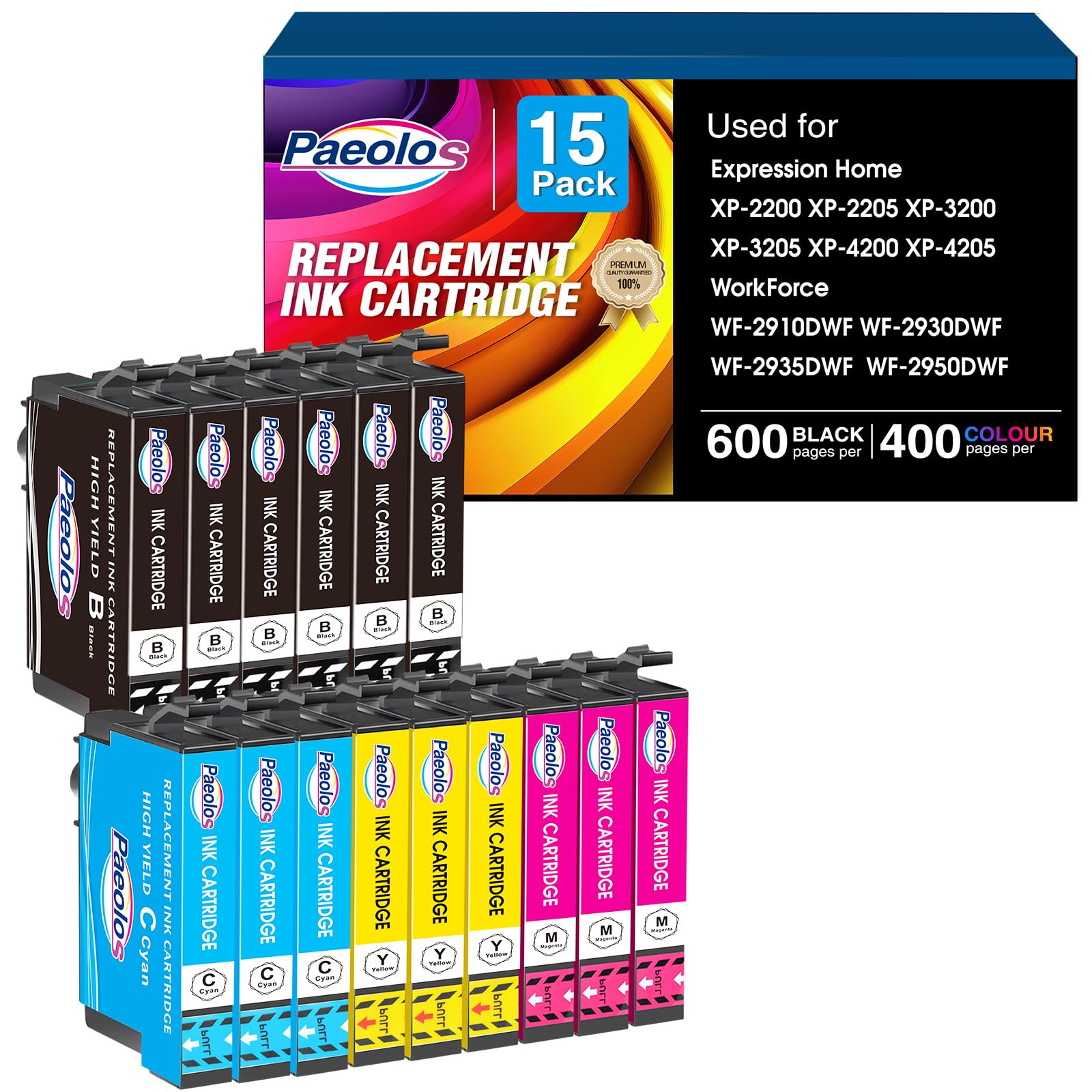 Paeolos Remplacé par 604XL Cartouche d'encre Compatible avec Epson Expression Home XP-2200 XP-2205 XP-3200 XP-3205 XP-4200 XP-4205 Workforce WF-2910 WF-2930 WF-2935 WF-2950 (Paquet de 15)