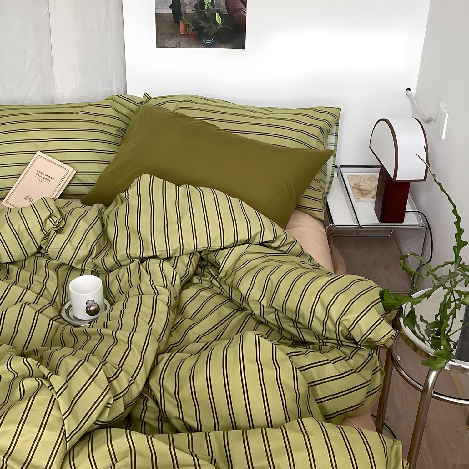 Housse de Couette 220x240 à Rayures Vert olive et 2 Taies d'oreiller 65x65 | Parure de lit 2 Personne Filles Femmes avec Fermeture Éclair Sets de Housse Imprimé Rayure en Microfibre