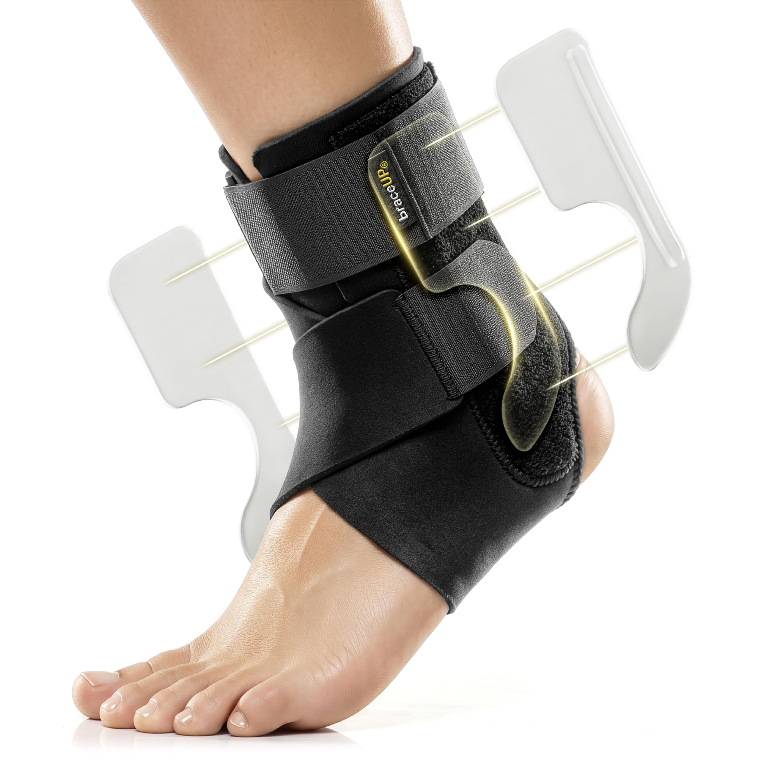 BraceUP Chevillère Entorse avec Renforts Latéraux, Noire | Entorse Cheville; Tendinite d’Achille; Attelle Cheville; Maintien Pied; Compression; Sport; Marche; Femme; Homme