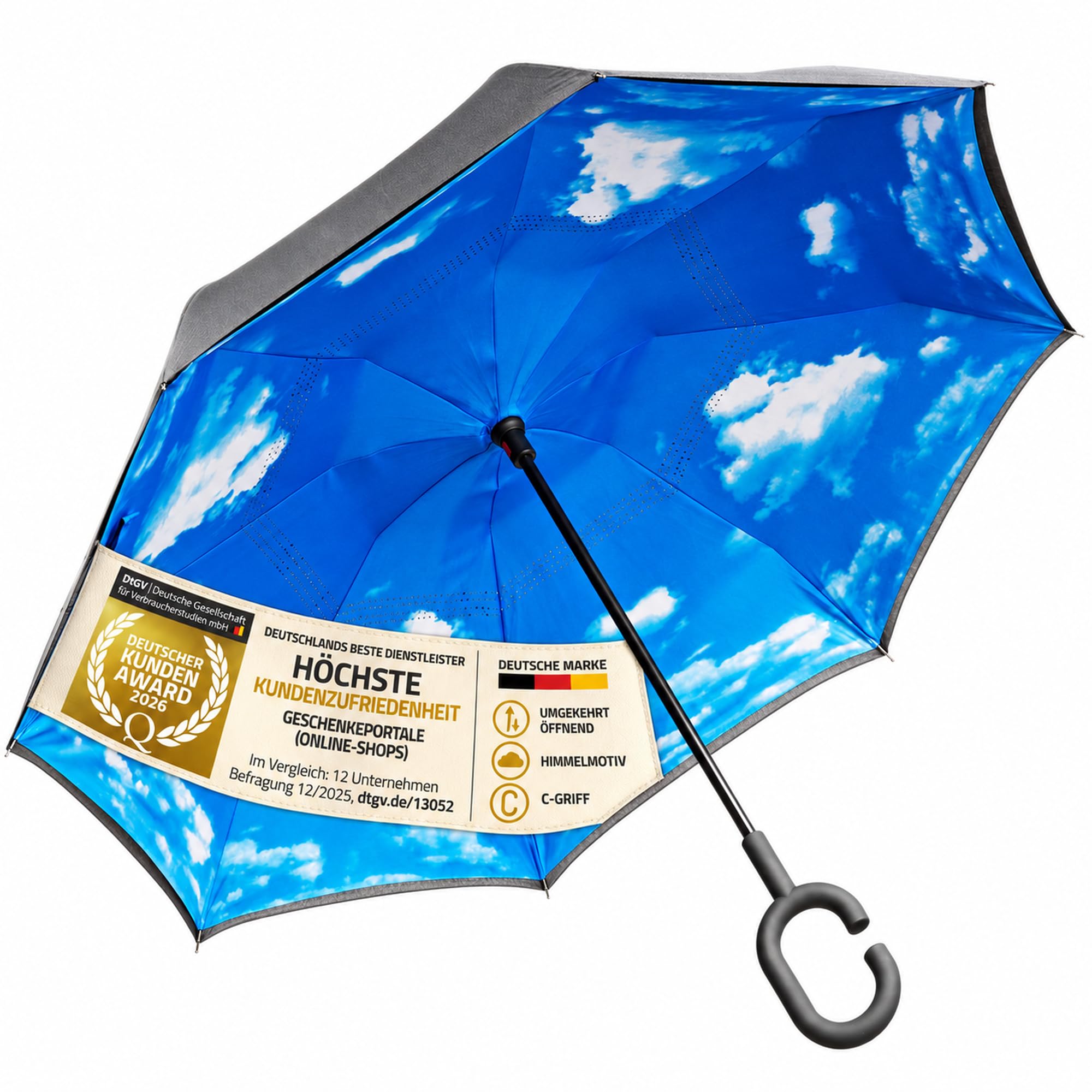 GOODS+GADGETS® Parapluie inversé avec ciel bleu et poignée en C pour les mains libres ; parapluie inversé de 105 cm de diamètre