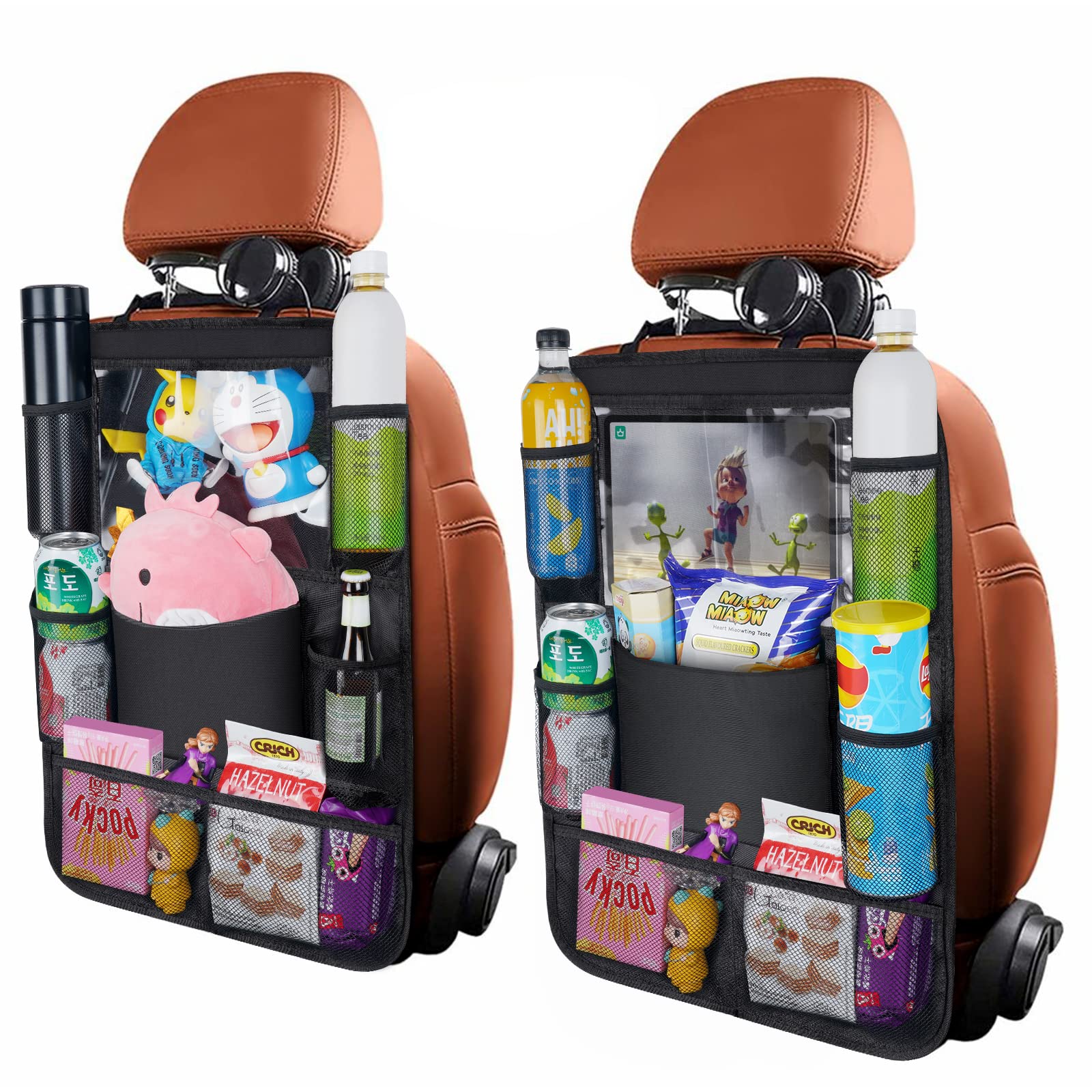 URAQT Organisateur de Voiture, Organisateur Voiture Enfant avec 8 Poches, Protection Siege Berline Super Capacité avec Pochette Transparente pour Tablette iPad Bouteilles Jouets Livre, 2 Pièces