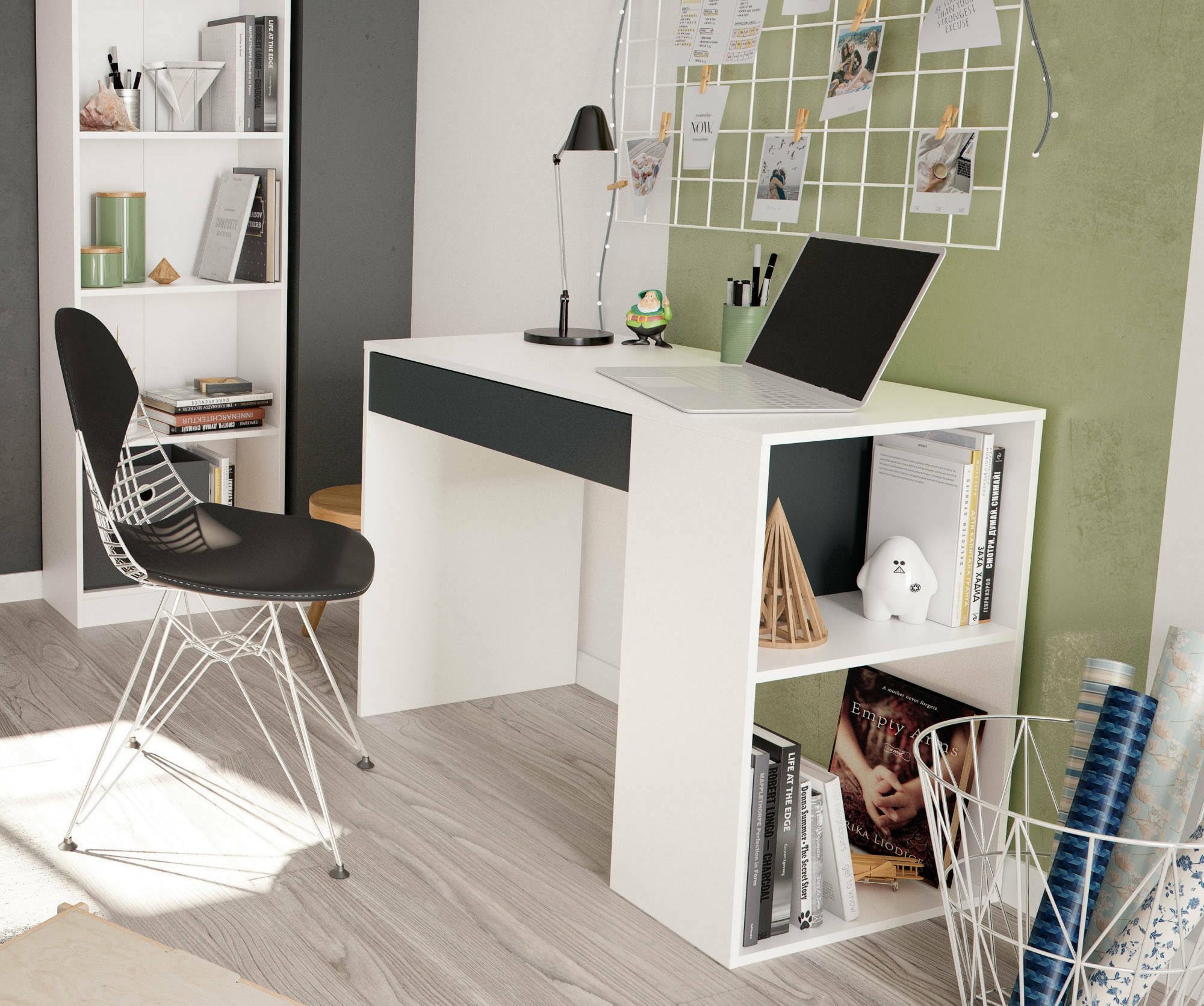 Dmora - Bureau Boise, Bureau multifonction réversible avec tiroir, Table d'étude ou de bureau pour PC, 101x50h73 cm, Blanc et Anthracite