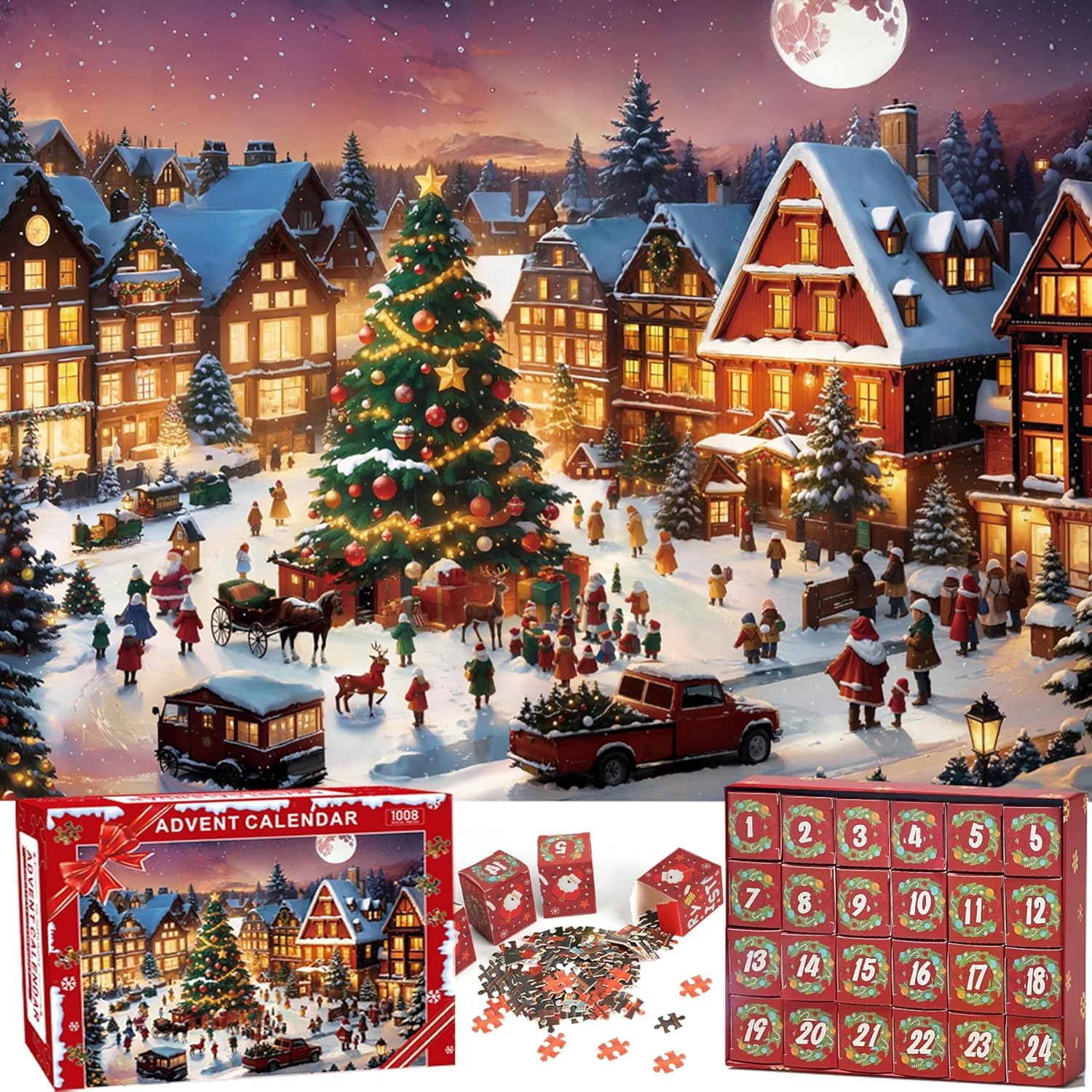 Calendrier de l’Avent Puzzle 2026 – Puzzle de 1008 pièces sur le thème de Noël pour enfants et adultes, 75 × 52 cm, Calendrier compte à rebours de Noël avec 24 boîtes, jouet familial cadeau de Noël