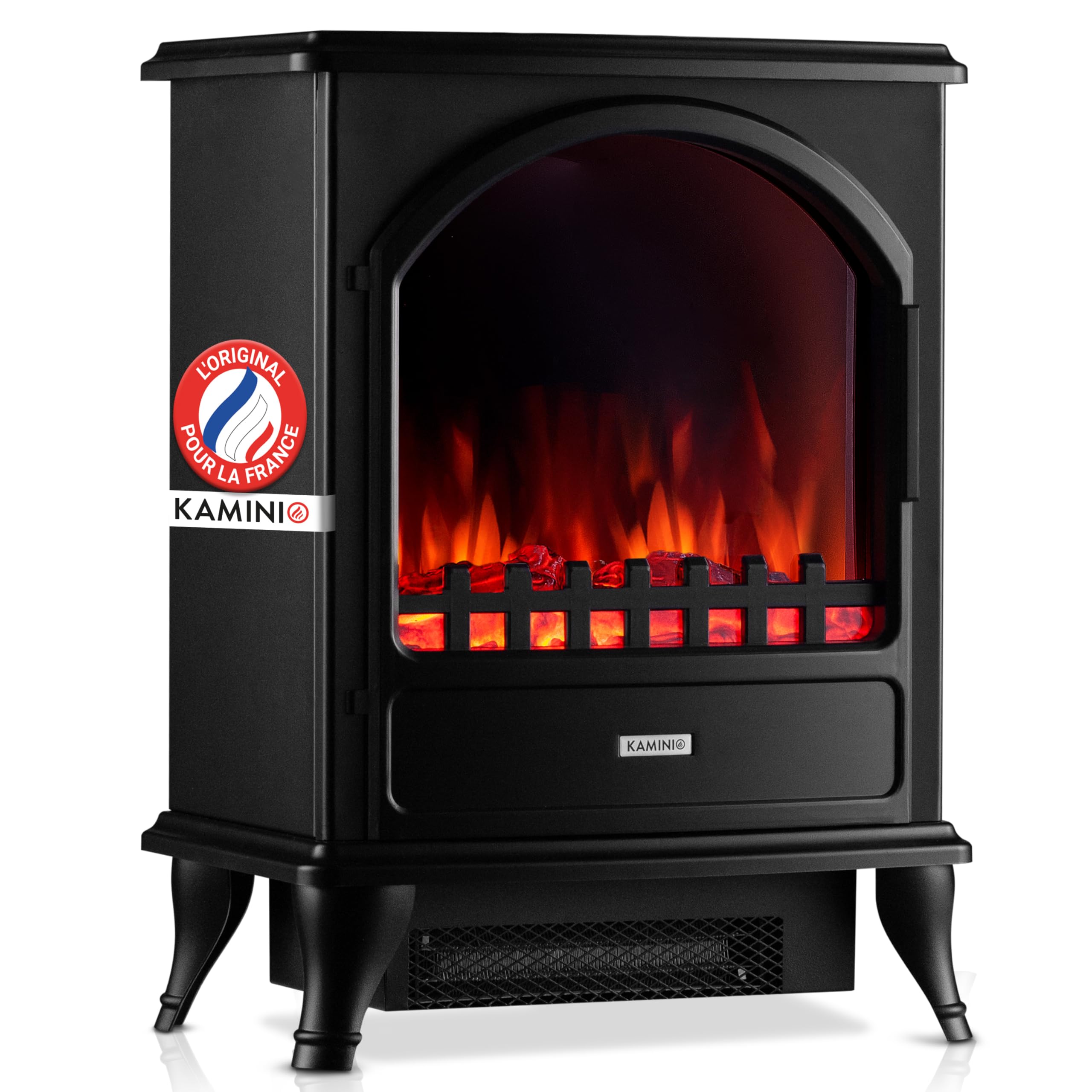 KAMINIO® Leni Cheminée électrique avec Chauffage Noire [poêle décoratif] | Cheminée décorative sur pied avec effet de flamme, feu LED, radiateur soufflant intégré [900 / 1800 W], prête à l'emploi